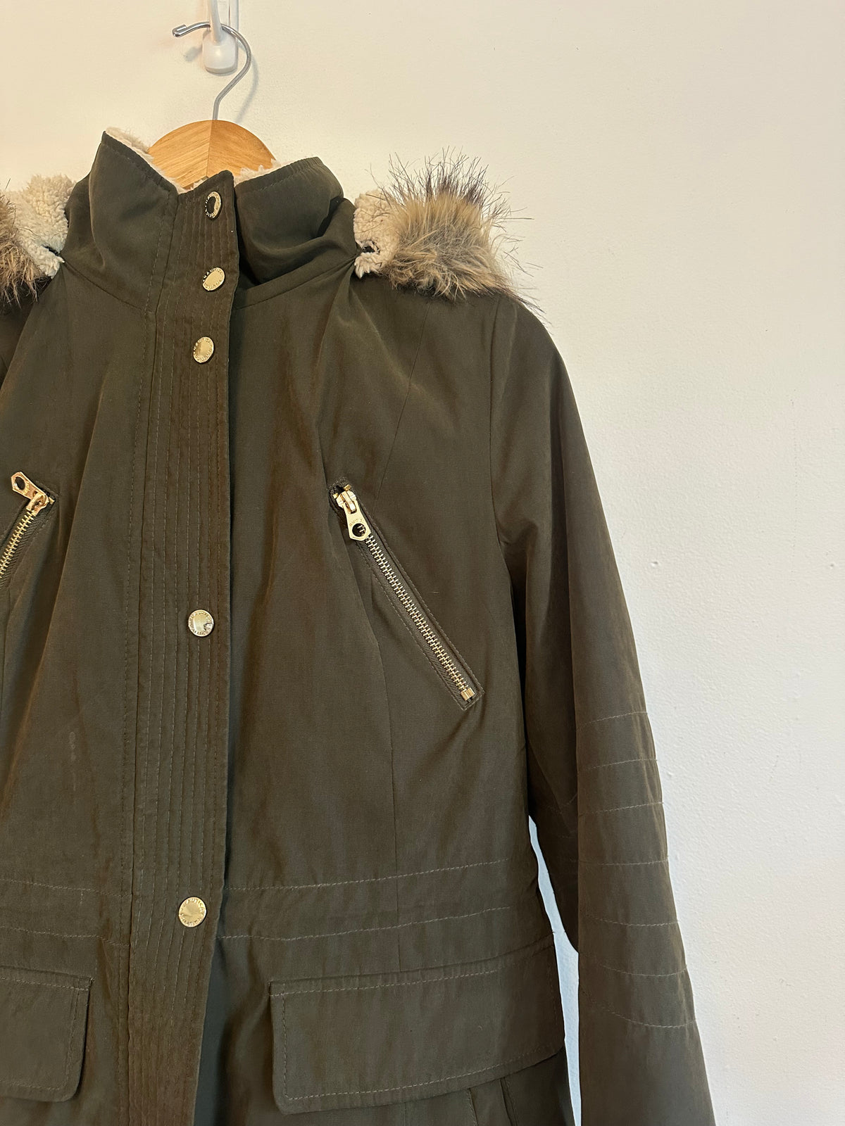 Nautica Olive Green Sherpa Lined Faux Fur Hood Utility Jacket | Size Small
