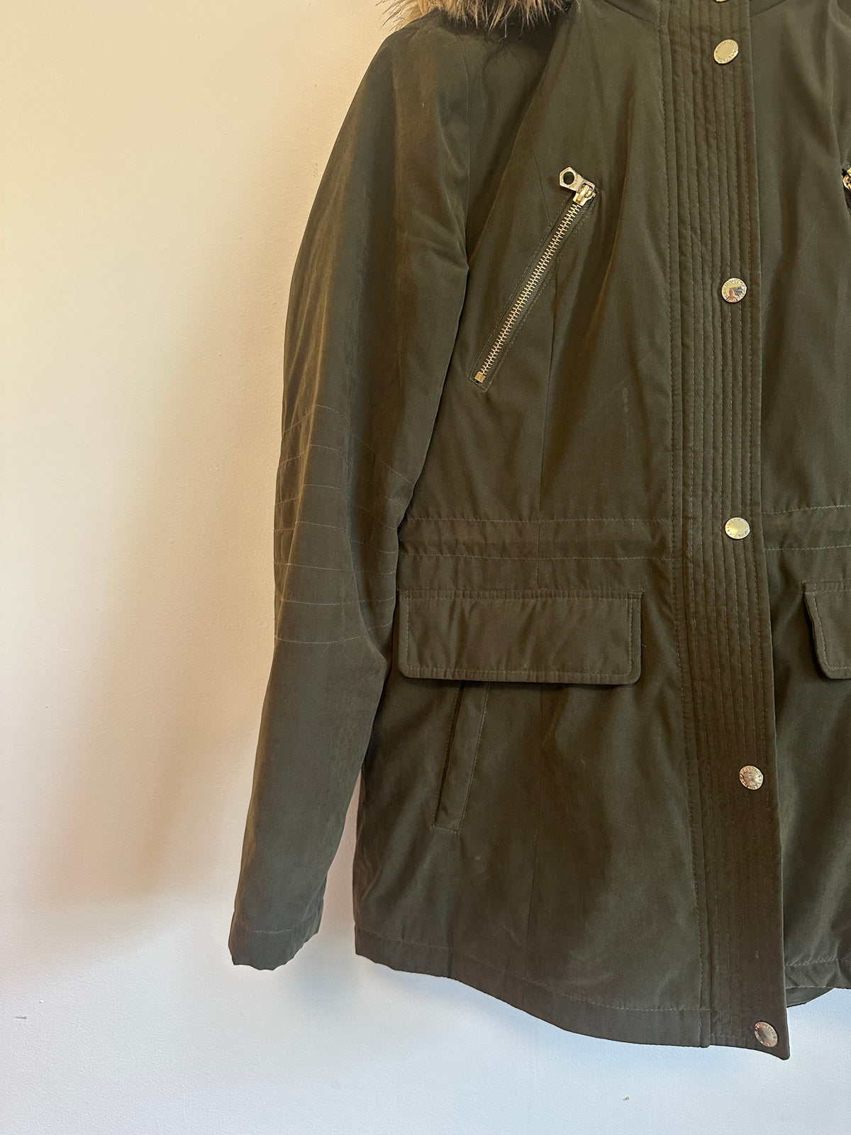 Nautica Olive Green Sherpa Lined Faux Fur Hood Utility Jacket | Size Small