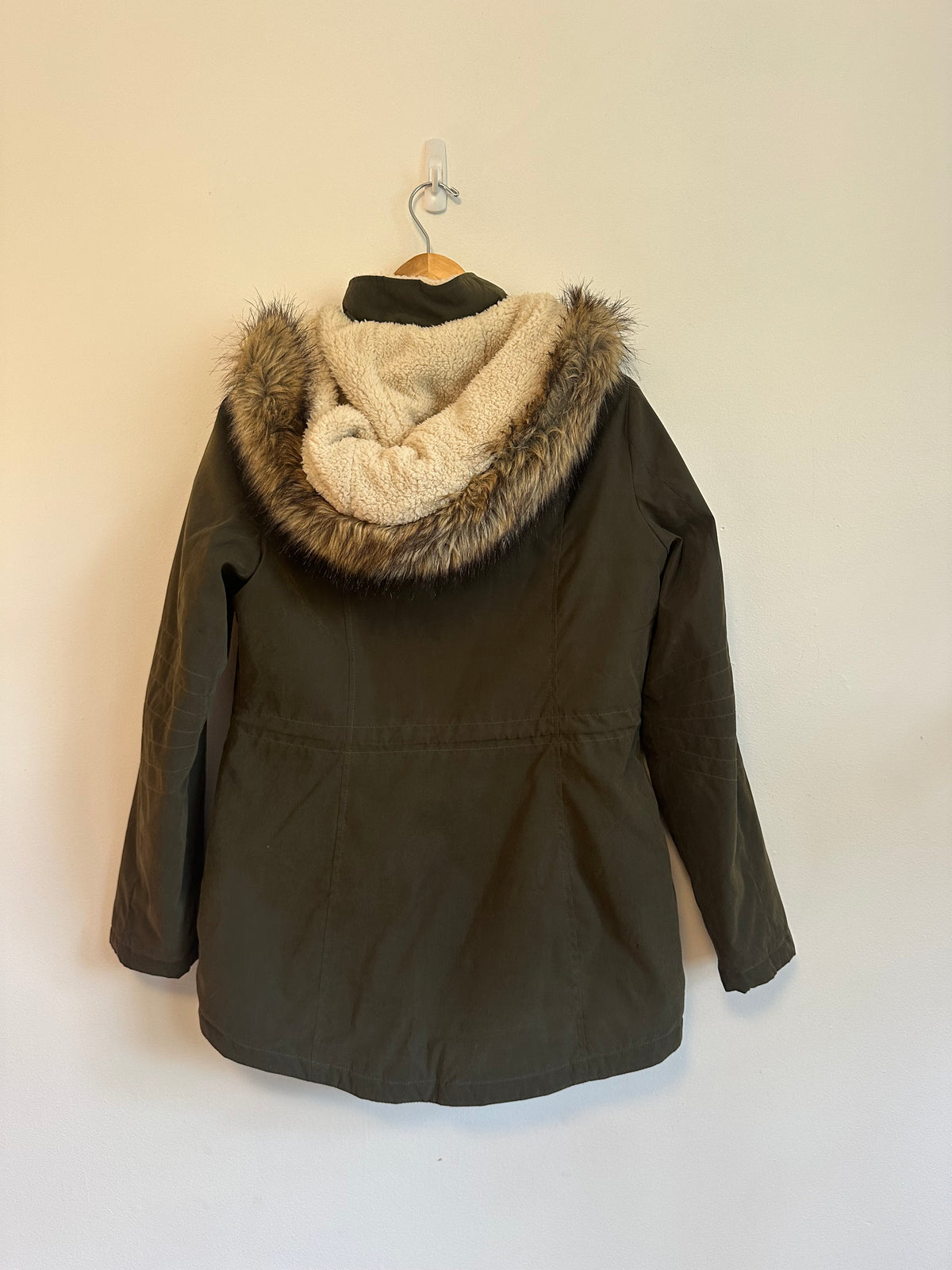 Nautica Olive Green Sherpa Lined Faux Fur Hood Utility Jacket | Size Small
