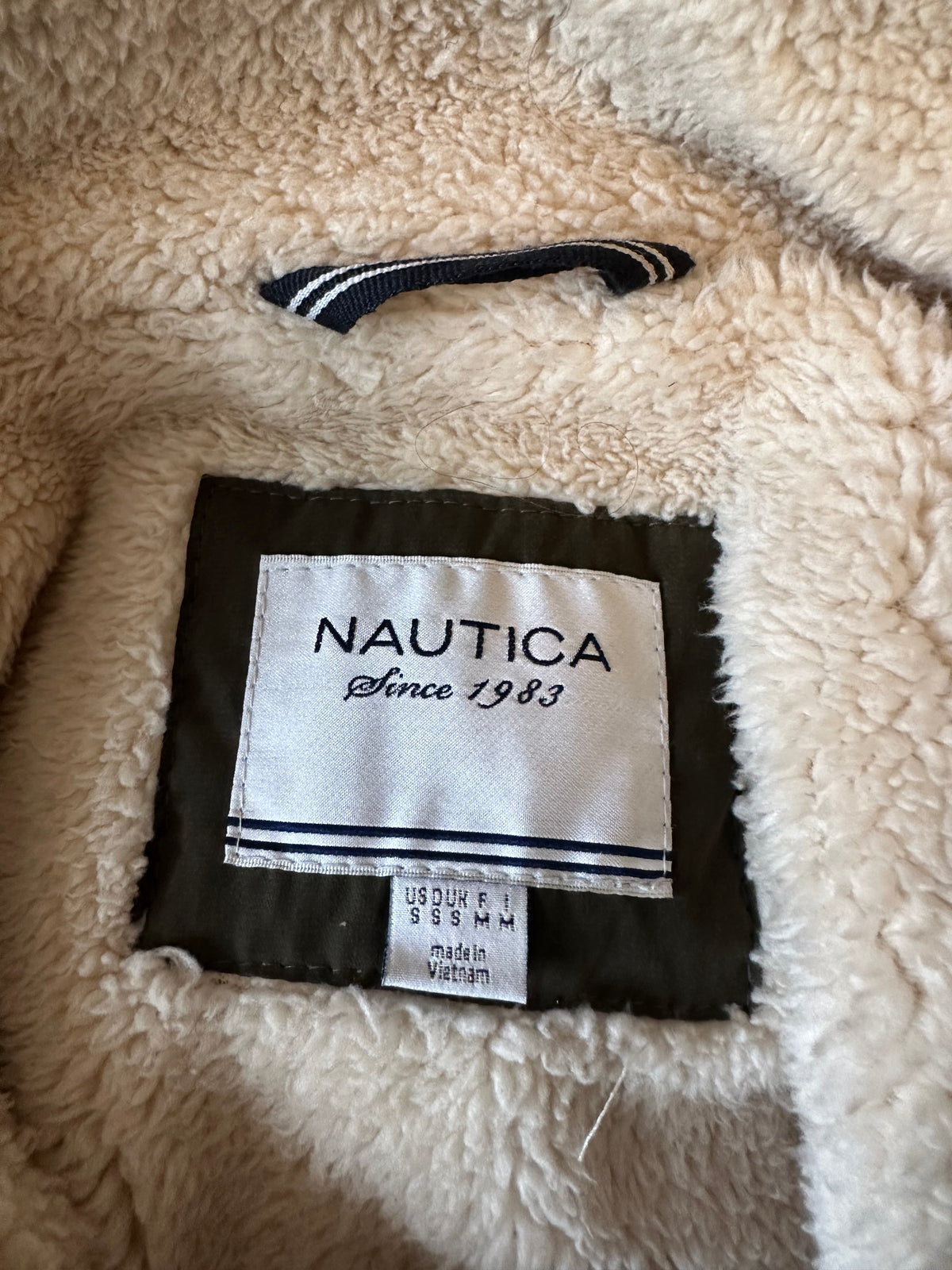 Nautica Olive Green Sherpa Lined Faux Fur Hood Utility Jacket | Size Small