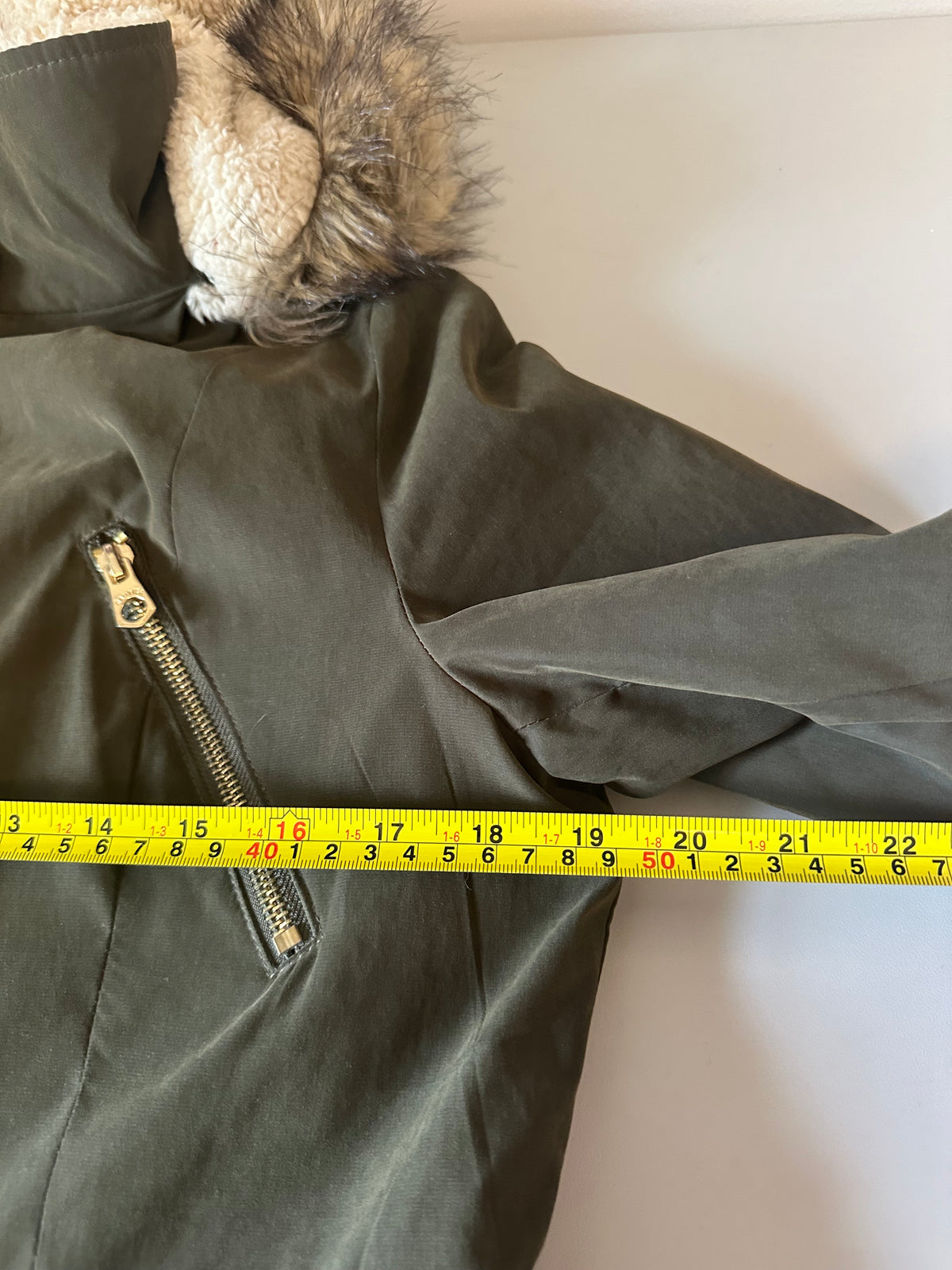 Nautica Olive Green Sherpa Lined Faux Fur Hood Utility Jacket | Size Small