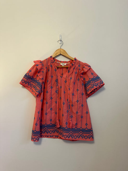 NWT Umgee Coral Pink Embroidered Ruffle Boho Blouse | Size Small