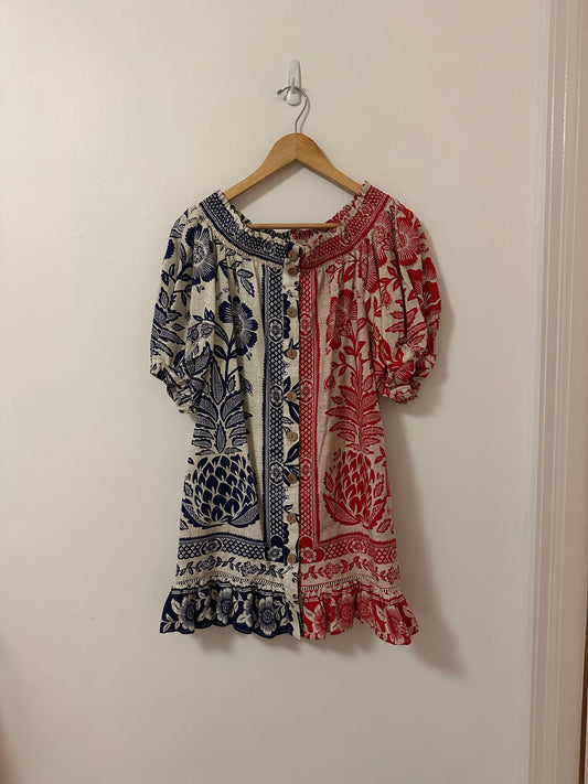 FARM Rio Mixed Pineapple Garden Mini Dress in Red and Blue | Size XS