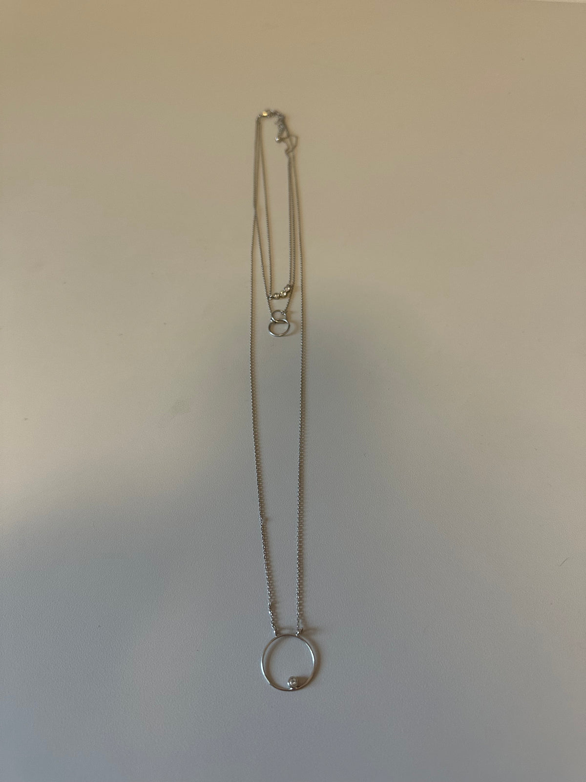 Silver Tone Multi Strand Layered Necklace Crystal Accents Double Ring Circle