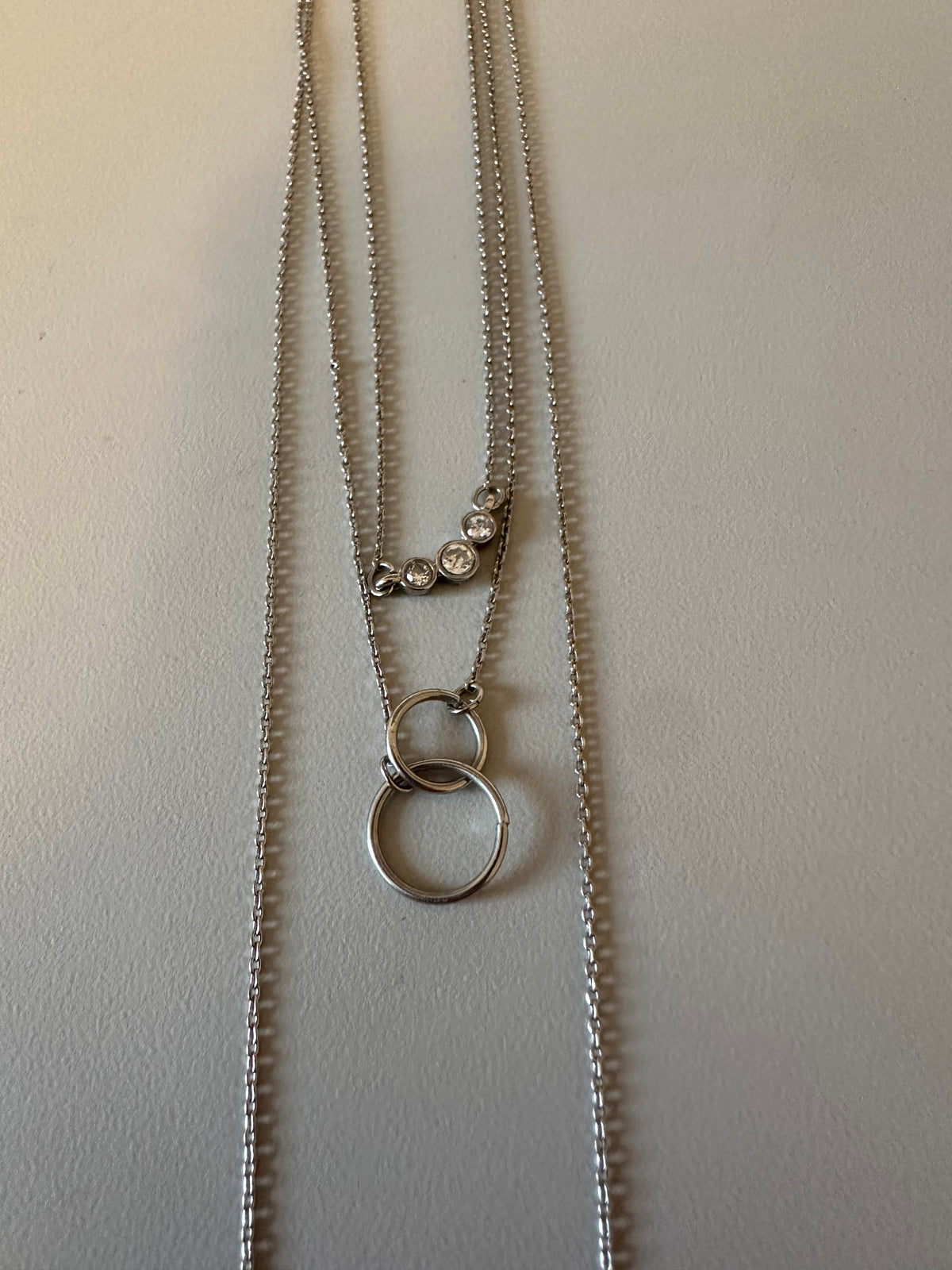 Silver Tone Multi Strand Layered Necklace Crystal Accents Double Ring Circle