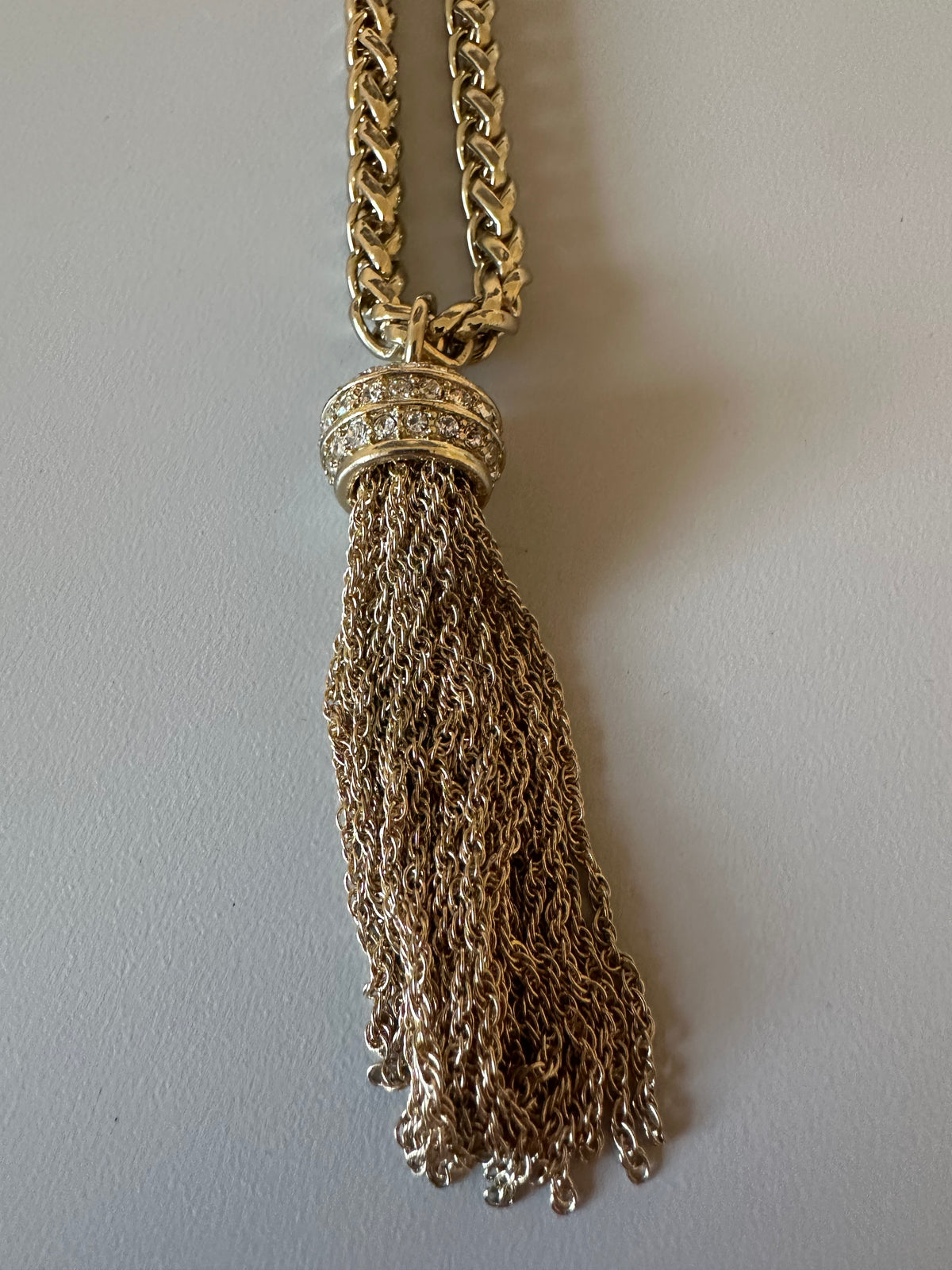 Gold Tone Wheat Chain Tassel Necklace with Pavé Crystal Accents and Toggle Clasp