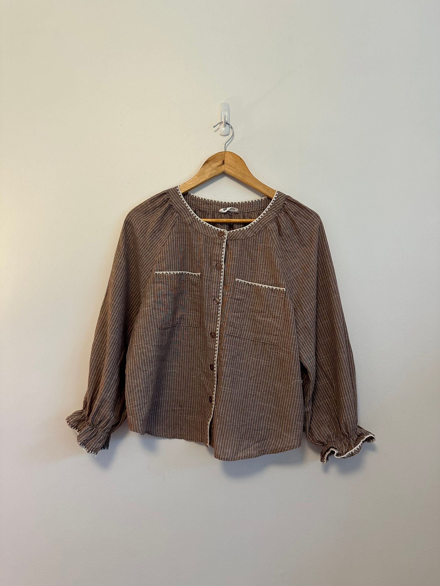 Day + Moon Brown and White Pinstripe Cotton and Linen Ruffle Cuff Blouse | Size Medium