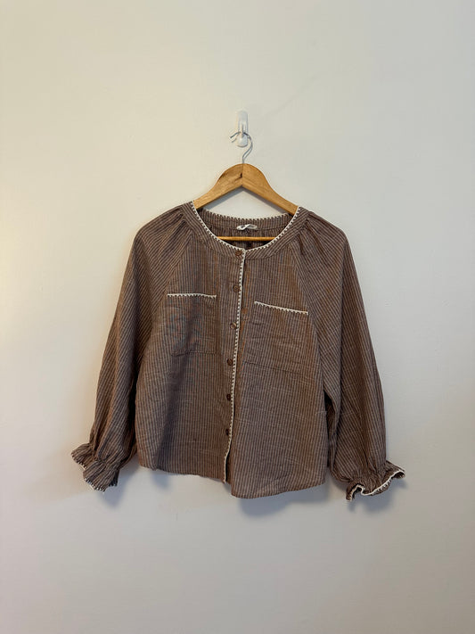 Day + Moon Brown and White Pinstripe Cotton and Linen Ruffle Cuff Blouse | Size Medium