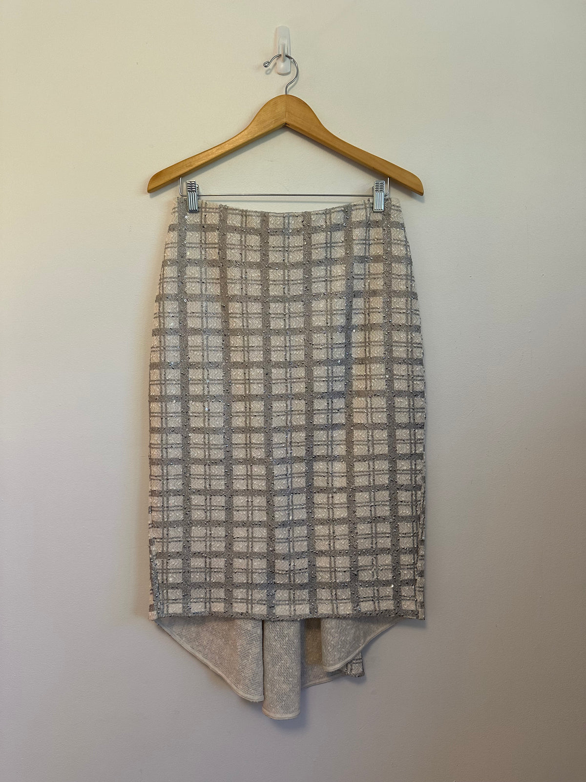NWT Eva Mendes NY&C Silver Plaid Boucle High-Low Mermaid Pencil Skirt | Size 8