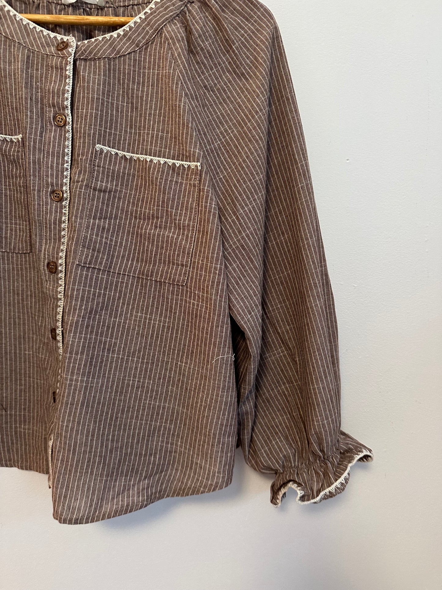Day + Moon Brown and White Pinstripe Cotton and Linen Ruffle Cuff Blouse | Size Medium