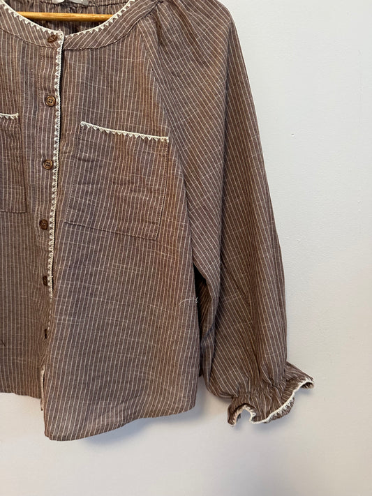 Day + Moon Brown and White Pinstripe Cotton and Linen Ruffle Cuff Blouse | Size Medium