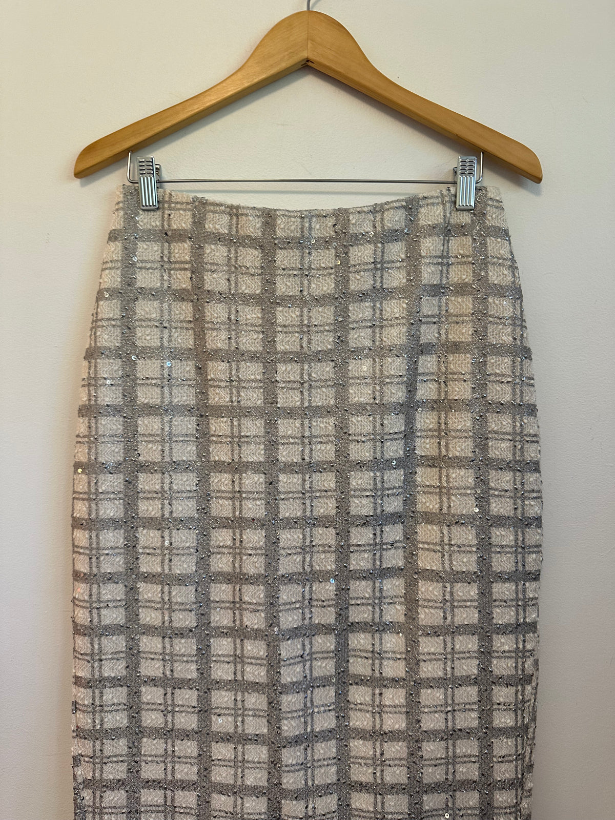 NWT Eva Mendes NY&C Silver Plaid Boucle High-Low Mermaid Pencil Skirt | Size 8