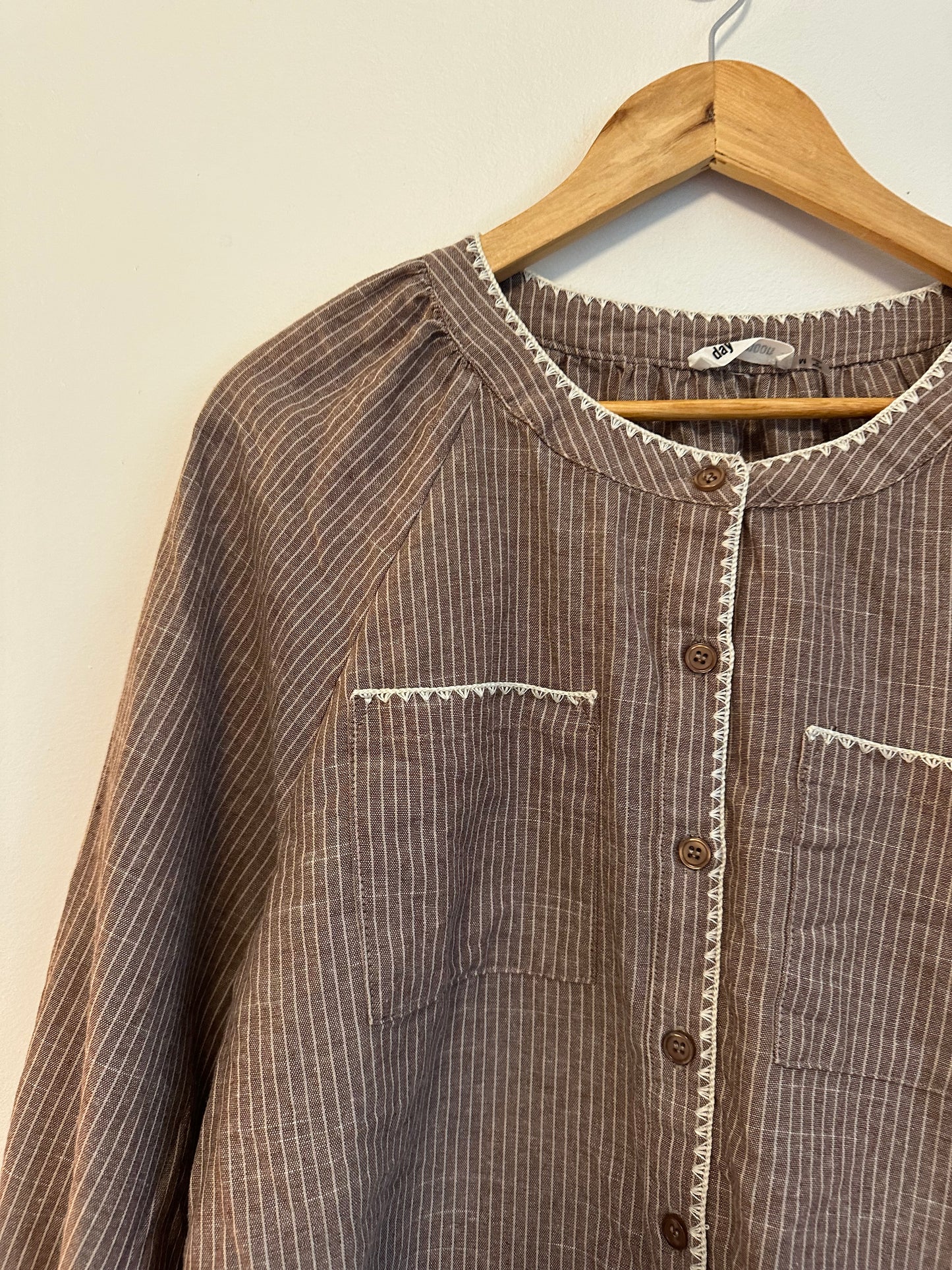 Day + Moon Brown and White Pinstripe Cotton and Linen Ruffle Cuff Blouse | Size Medium