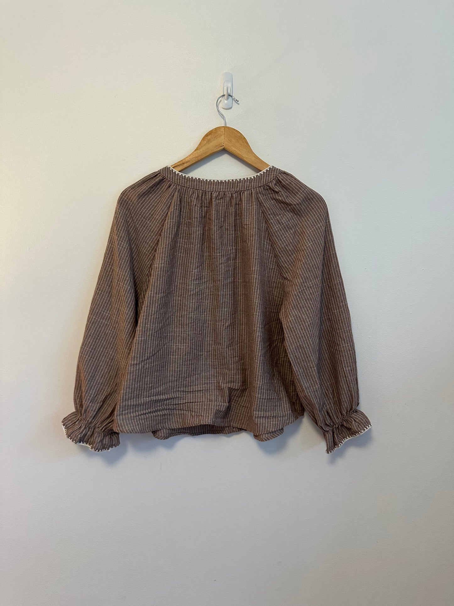 Day + Moon Brown and White Pinstripe Cotton and Linen Ruffle Cuff Blouse | Size Medium