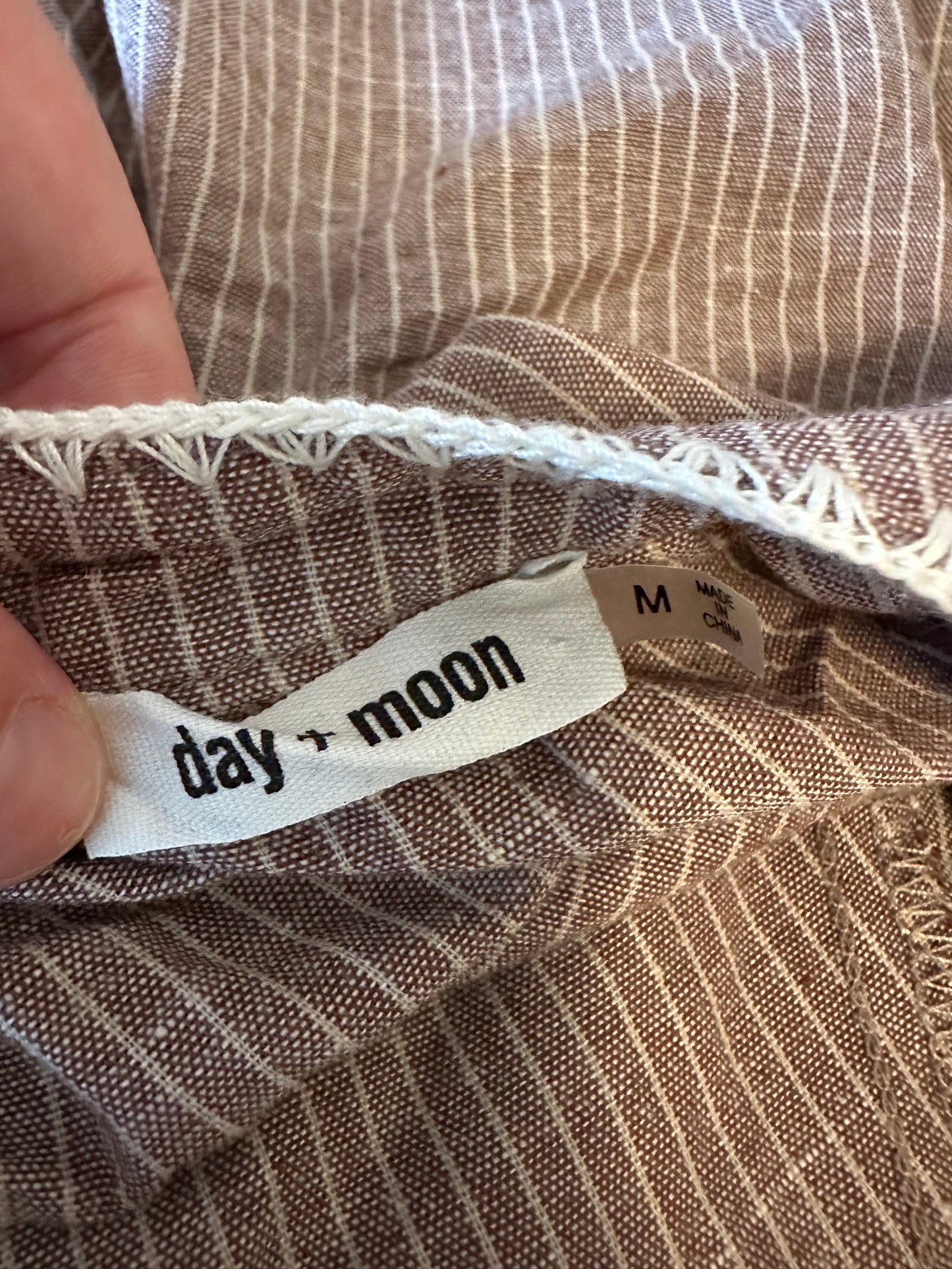 Day + Moon Brown and White Pinstripe Cotton and Linen Ruffle Cuff Blouse | Size Medium