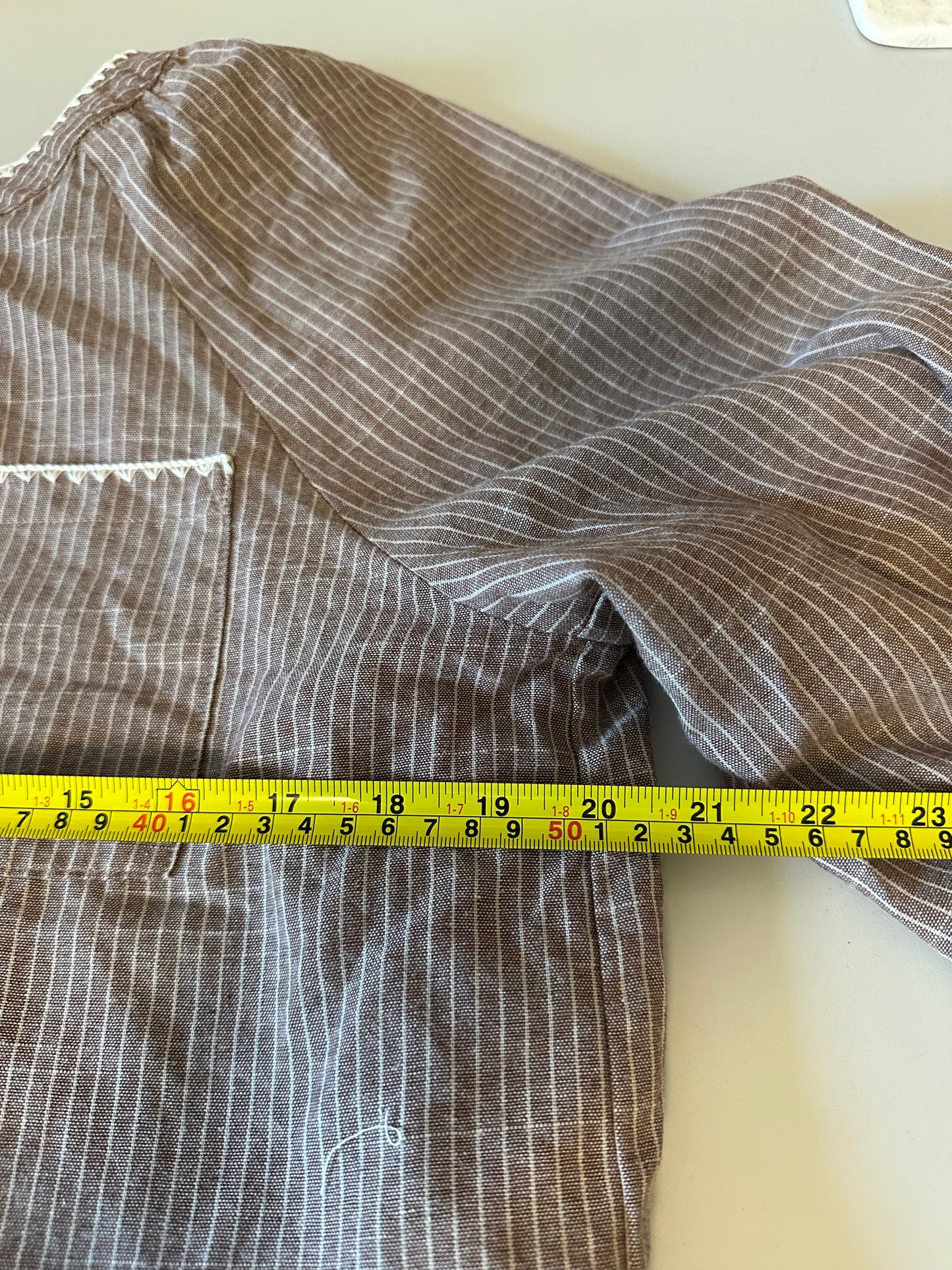 Day + Moon Brown and White Pinstripe Cotton and Linen Ruffle Cuff Blouse | Size Medium