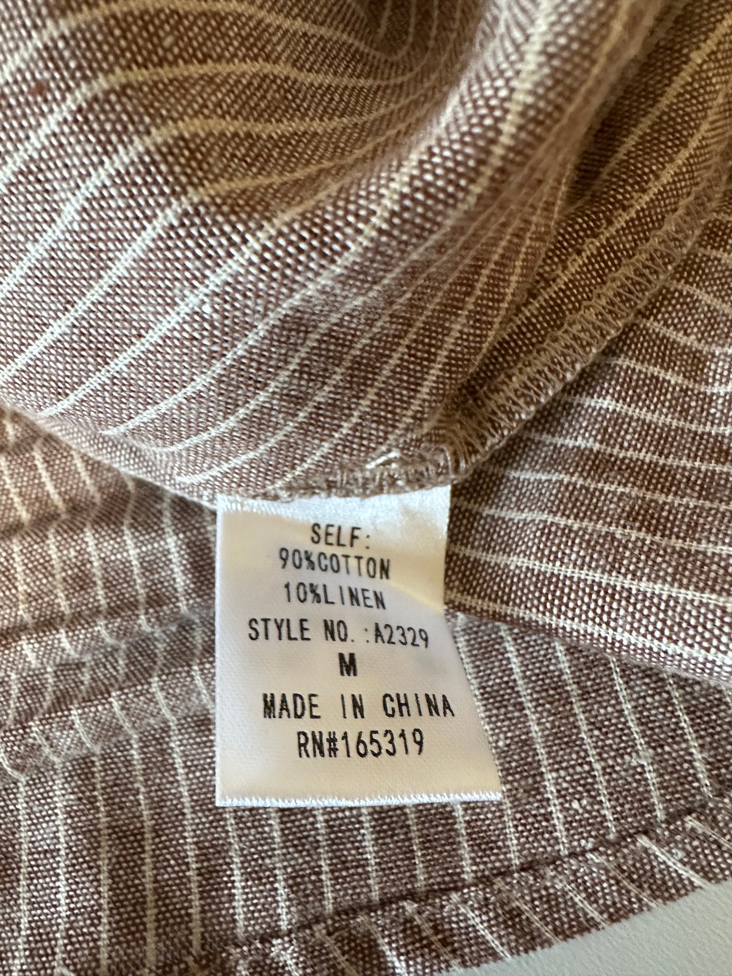 Day + Moon Brown and White Pinstripe Cotton and Linen Ruffle Cuff Blouse | Size Medium