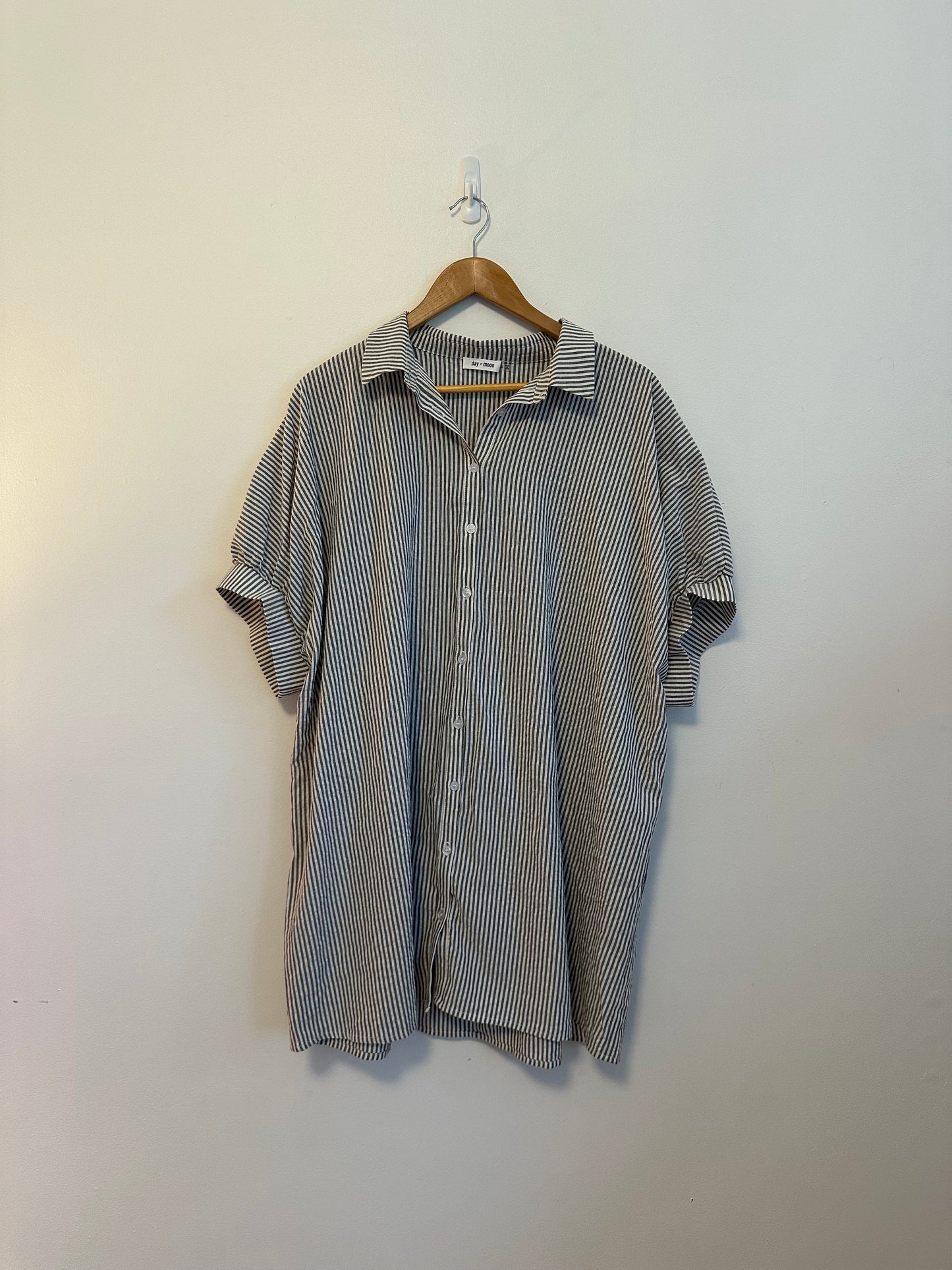 Day + Moon Grey and White Striped Oversized Short Sleeve Shirt Dress | Size Small