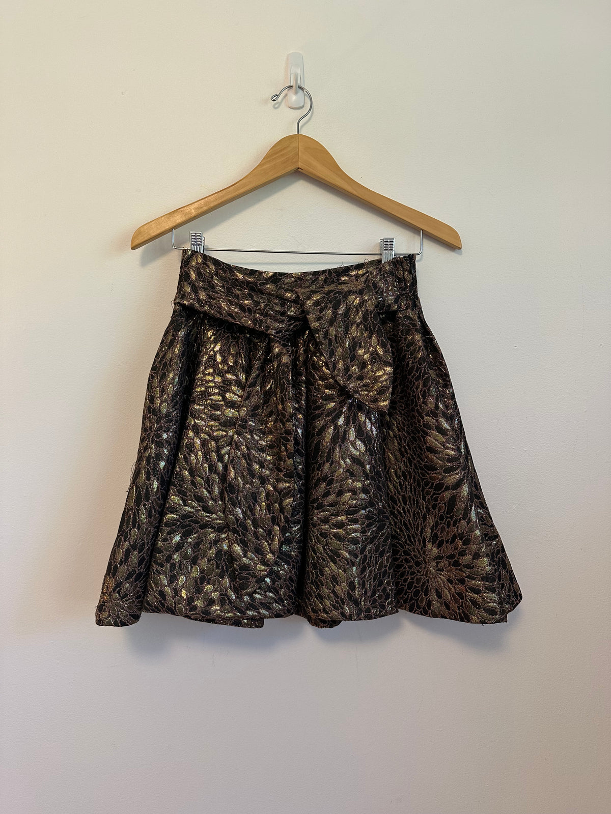 Zara Metallic Gold Jacquard Tie Waist Mini A-Line Mini Skirt | Size Medium
