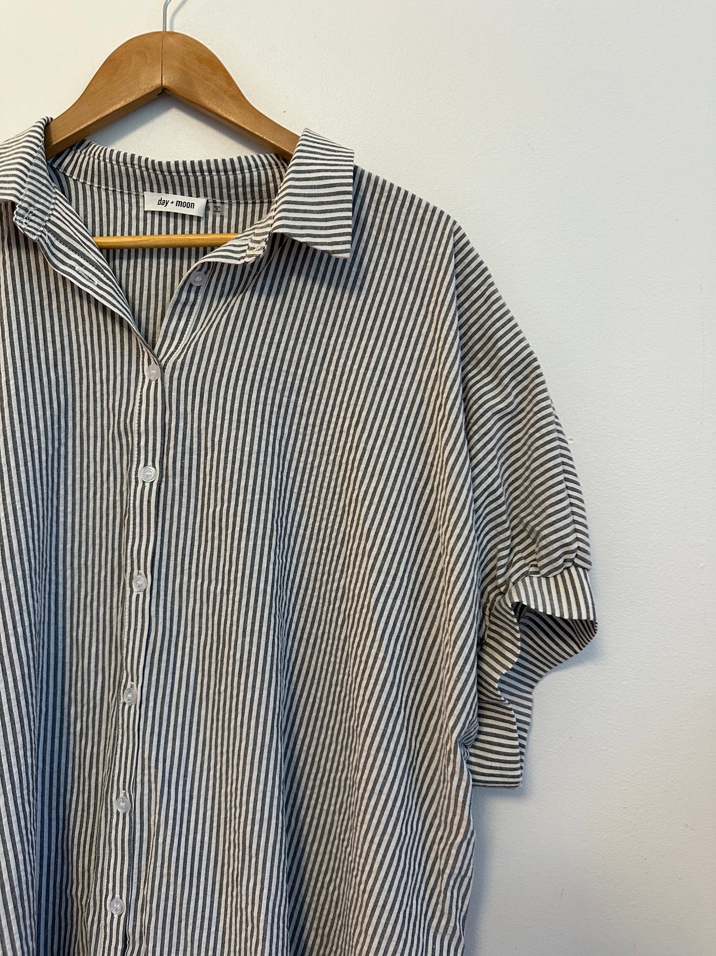 Day + Moon Grey and White Striped Oversized Short Sleeve Shirt Dress | Size Small
