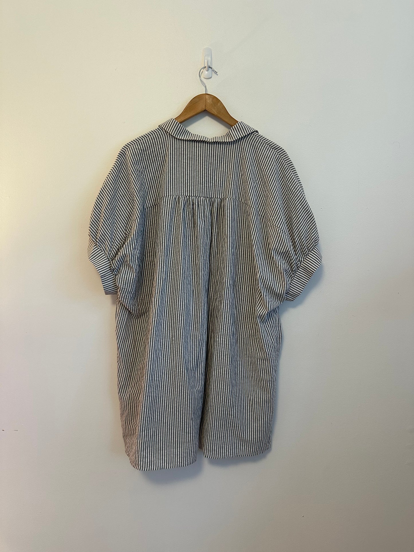 Day + Moon Grey and White Striped Oversized Short Sleeve Shirt Dress | Size Small