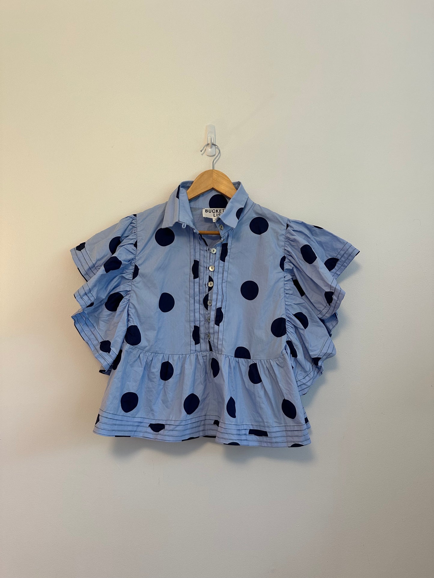 Bucket List Blue Polka Dot Peplum Ruffle Sleeve Button Down Top | Size Medium