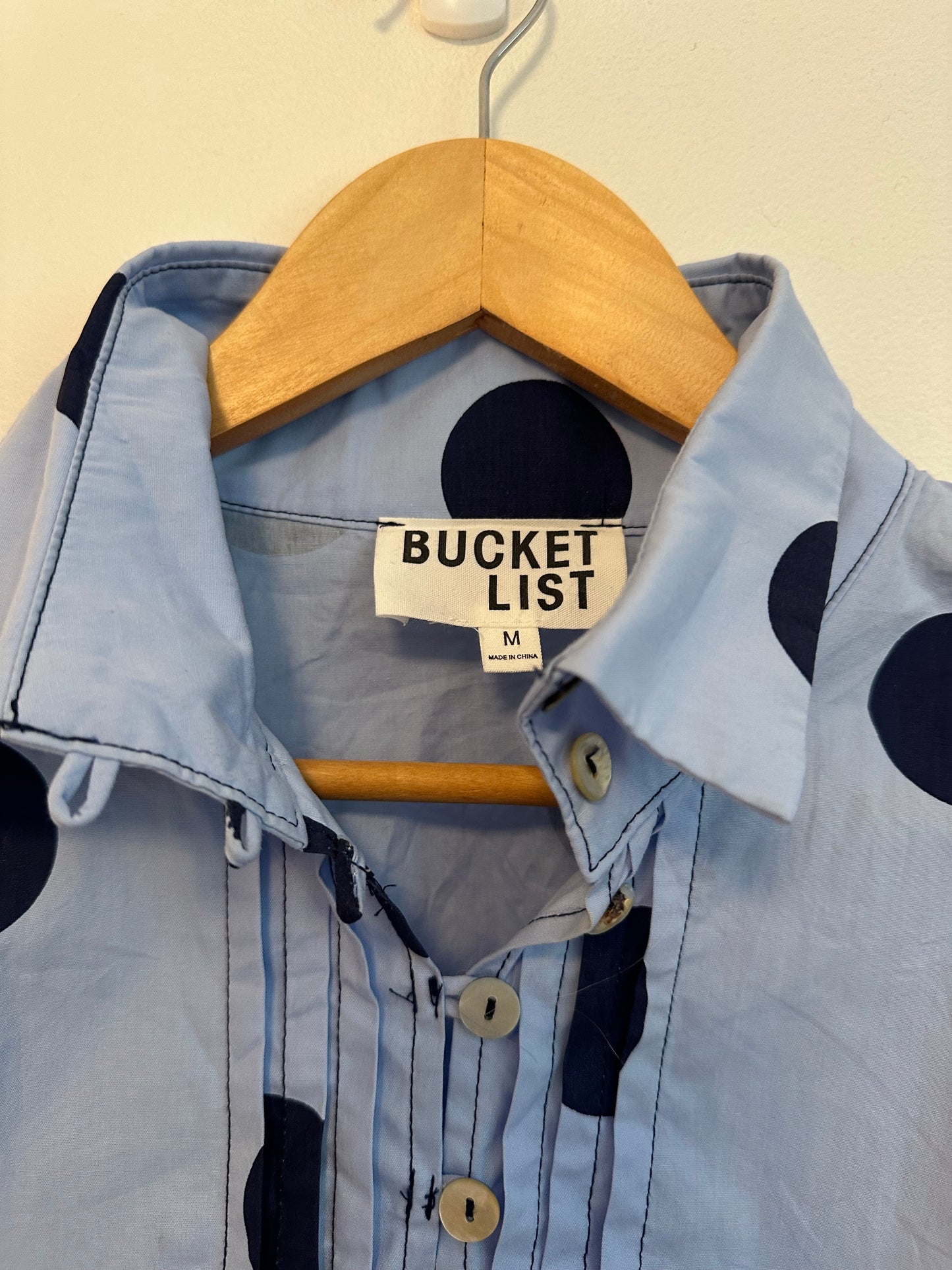 Bucket List Blue Polka Dot Peplum Ruffle Sleeve Button Down Top | Size Medium
