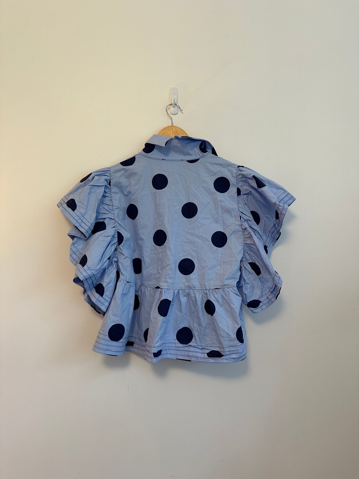 Bucket List Blue Polka Dot Peplum Ruffle Sleeve Button Down Top | Size Medium