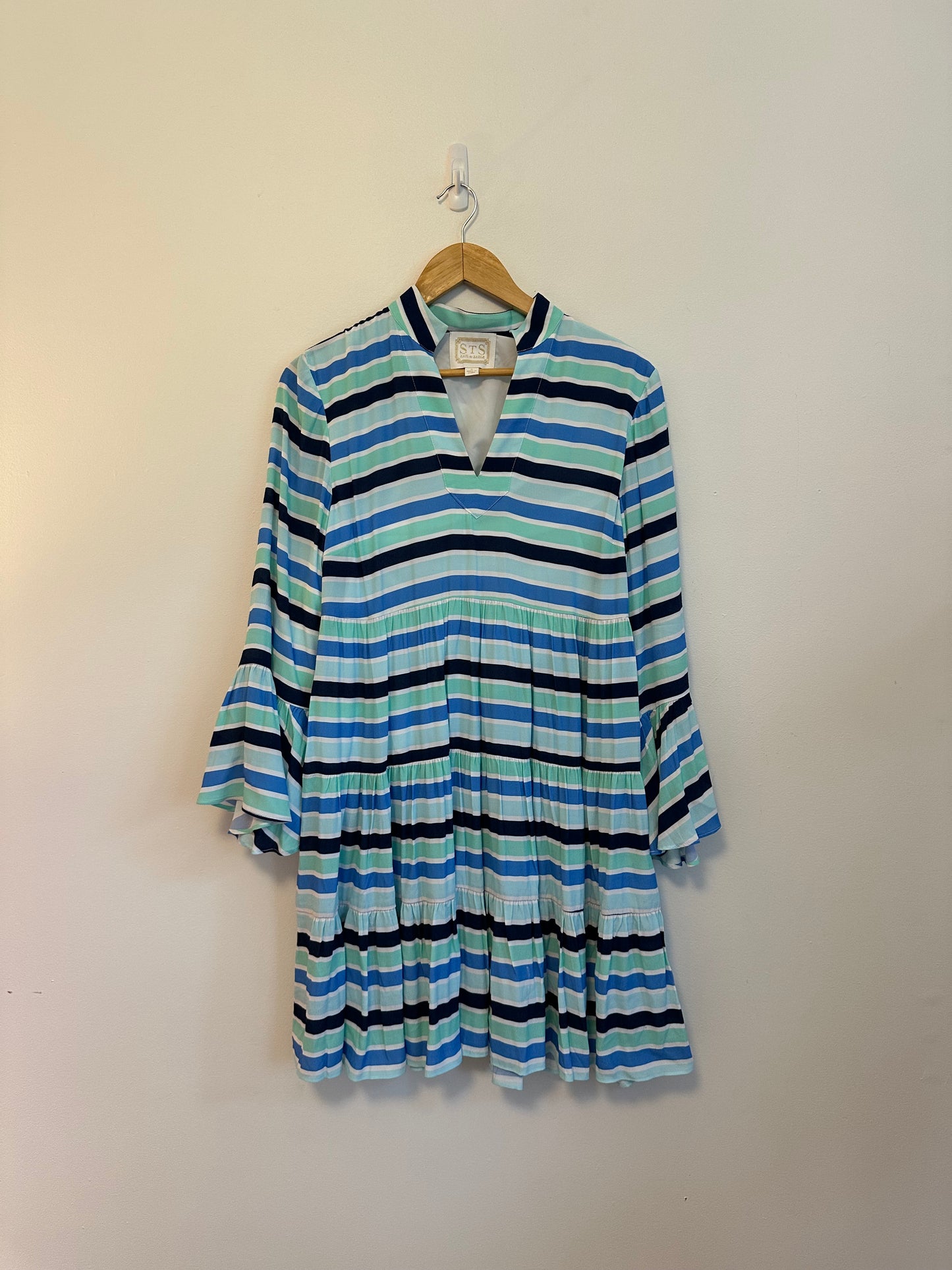 Sail to Sable Blue Striped Tiered V-Neck Bell Sleeve Mini Dress | Size Small