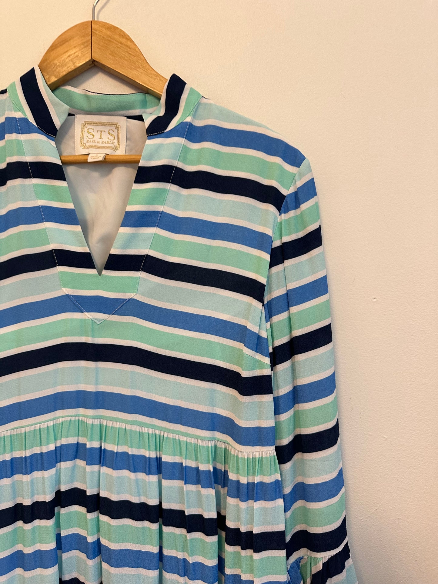 Sail to Sable Blue Striped Tiered V-Neck Bell Sleeve Mini Dress | Size Small