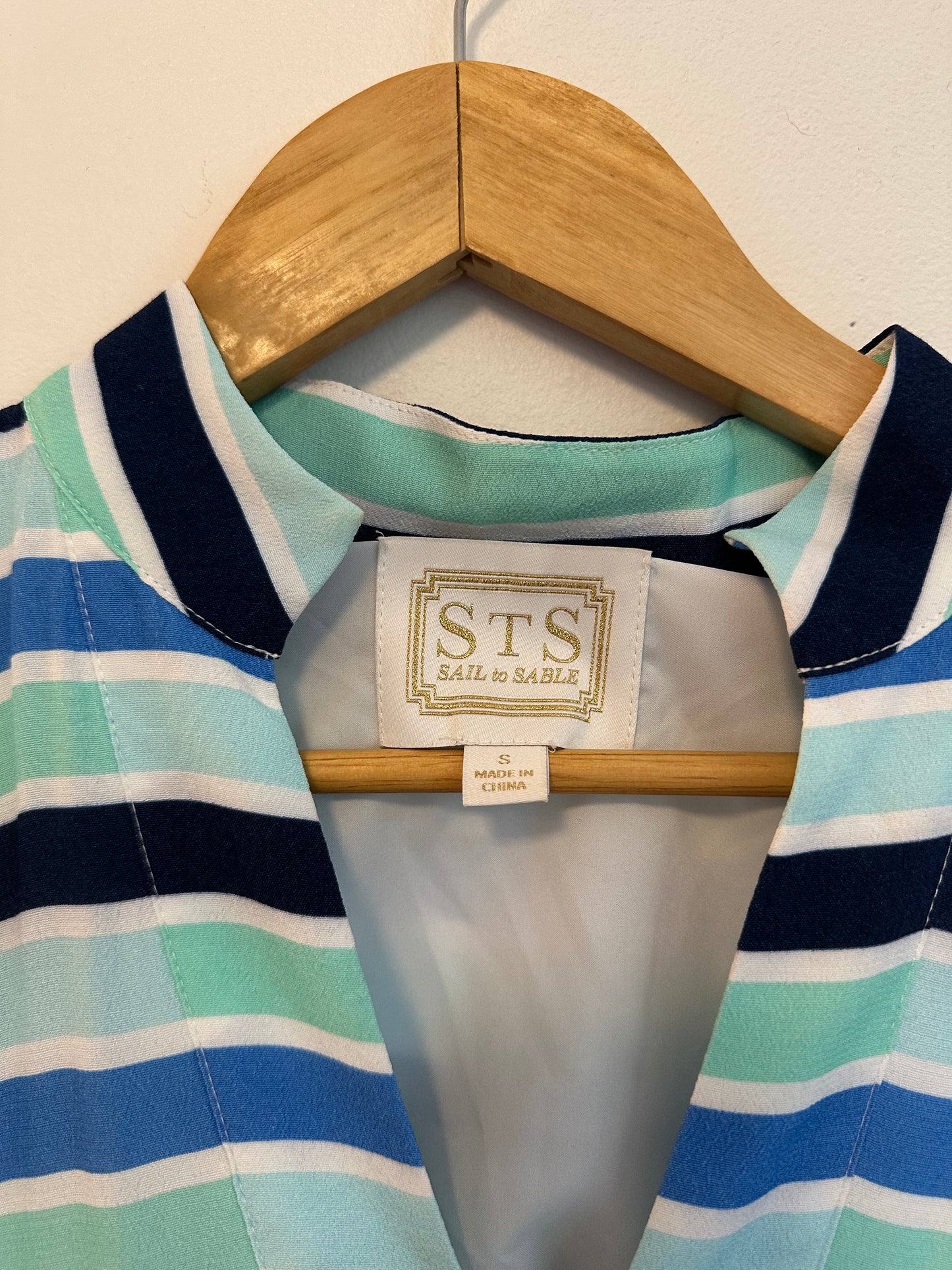 Sail to Sable Blue Striped Tiered V-Neck Bell Sleeve Mini Dress | Size Small