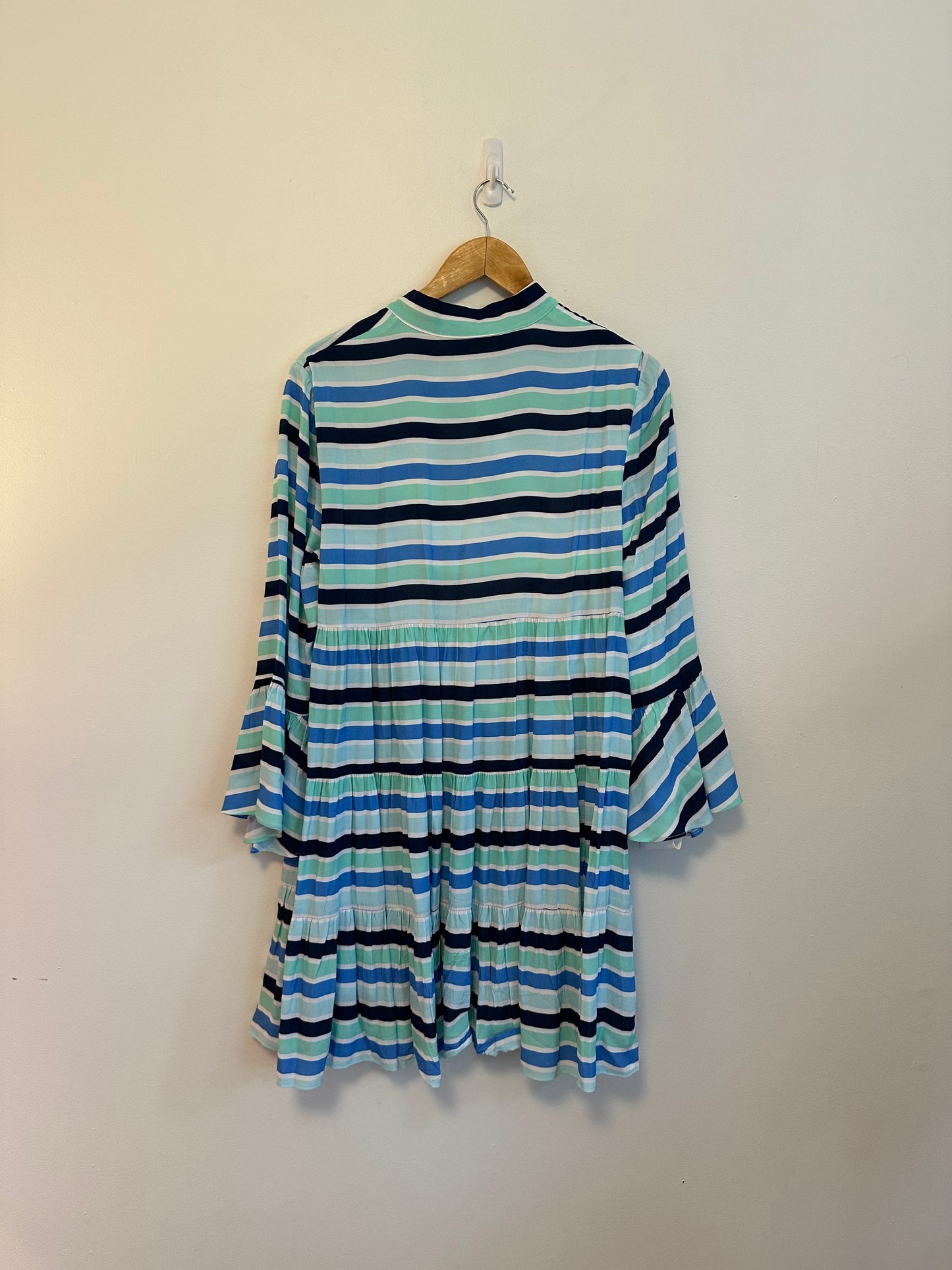 Sail to Sable Blue Striped Tiered V-Neck Bell Sleeve Mini Dress | Size Small