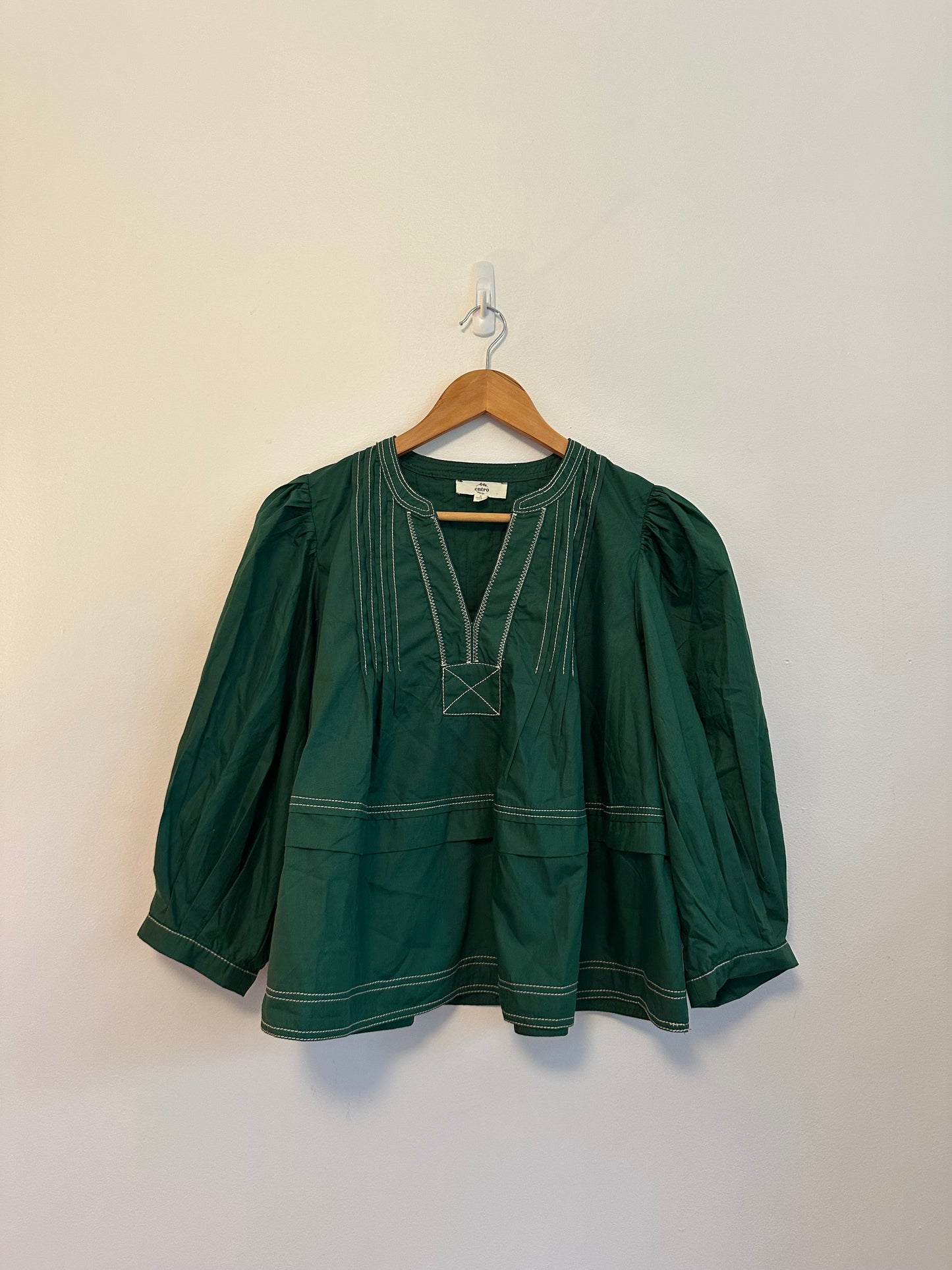 Entro Green Cotton Puff Sleeve Contrast Stitch Split Neck Blouse | Size Small