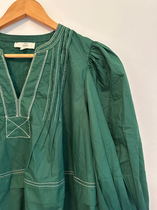 Entro Green Cotton Puff Sleeve Contrast Stitch Split Neck Blouse | Size Small