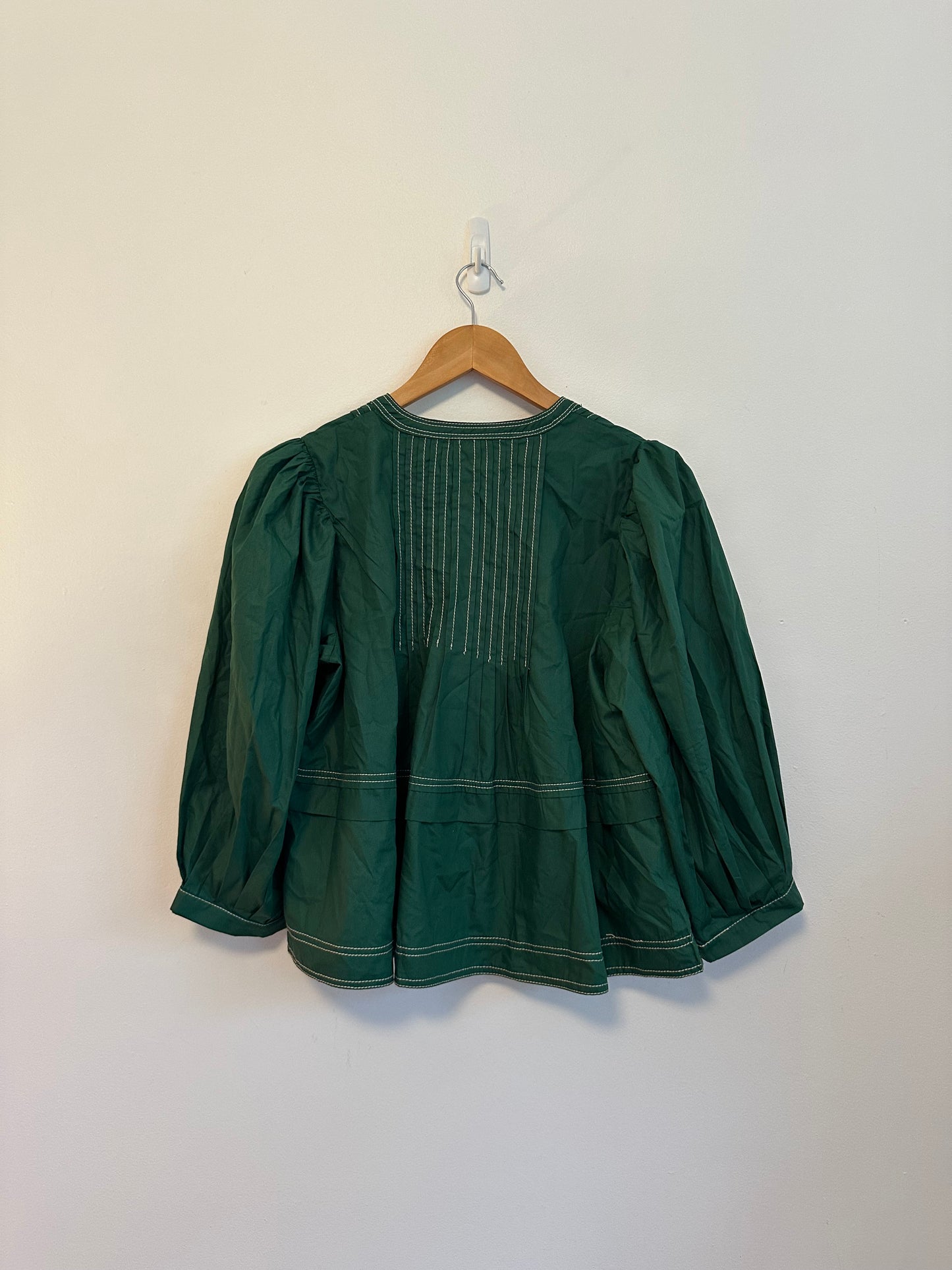 Entro Green Cotton Puff Sleeve Contrast Stitch Split Neck Blouse | Size Small
