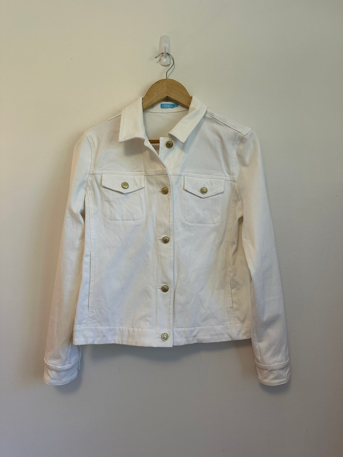 J.McLaughlin White Denim Jacket with Gold Buttons | Size Medium