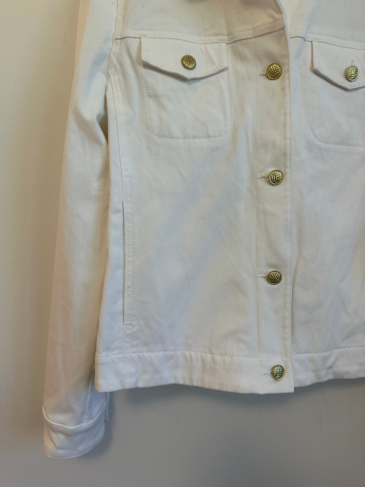 J.McLaughlin White Denim Jacket with Gold Buttons | Size Medium