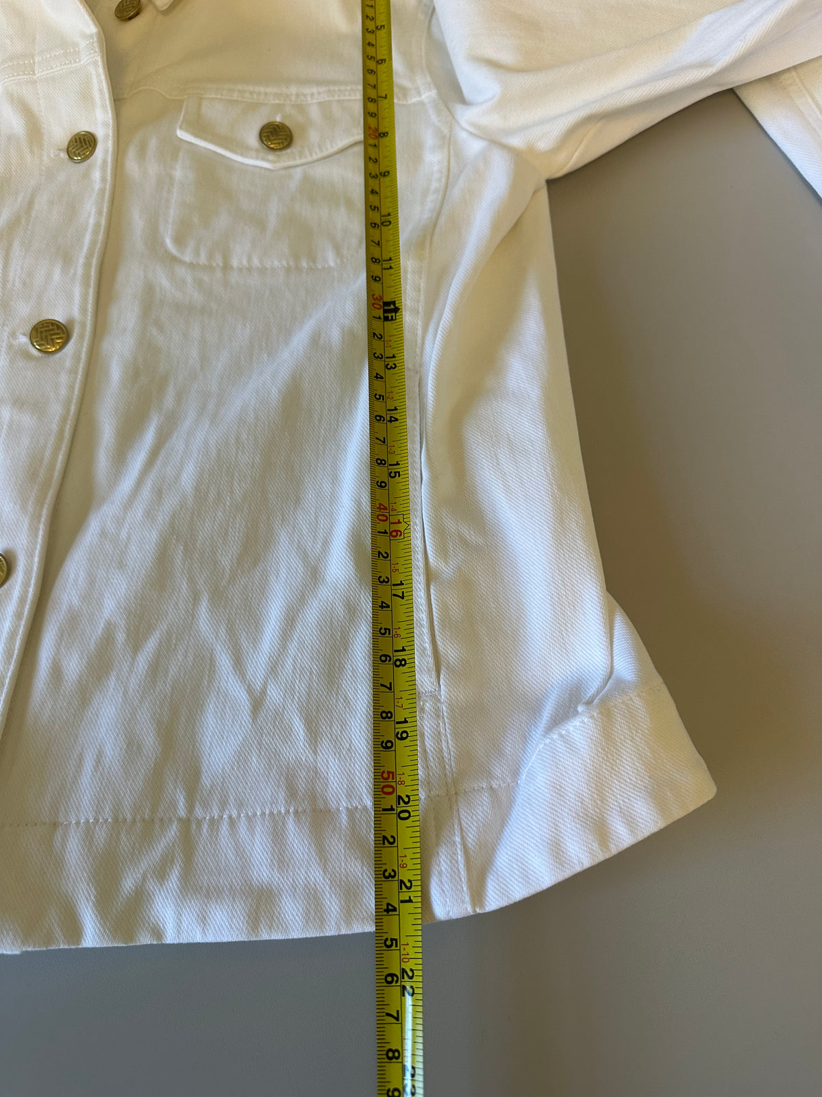 J.McLaughlin White Denim Jacket with Gold Buttons | Size Medium