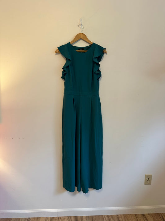 NWT J. Crew Teal Ruffle Trim Cutout Back Wide Leg Crepe Jumpsuit | Size 6