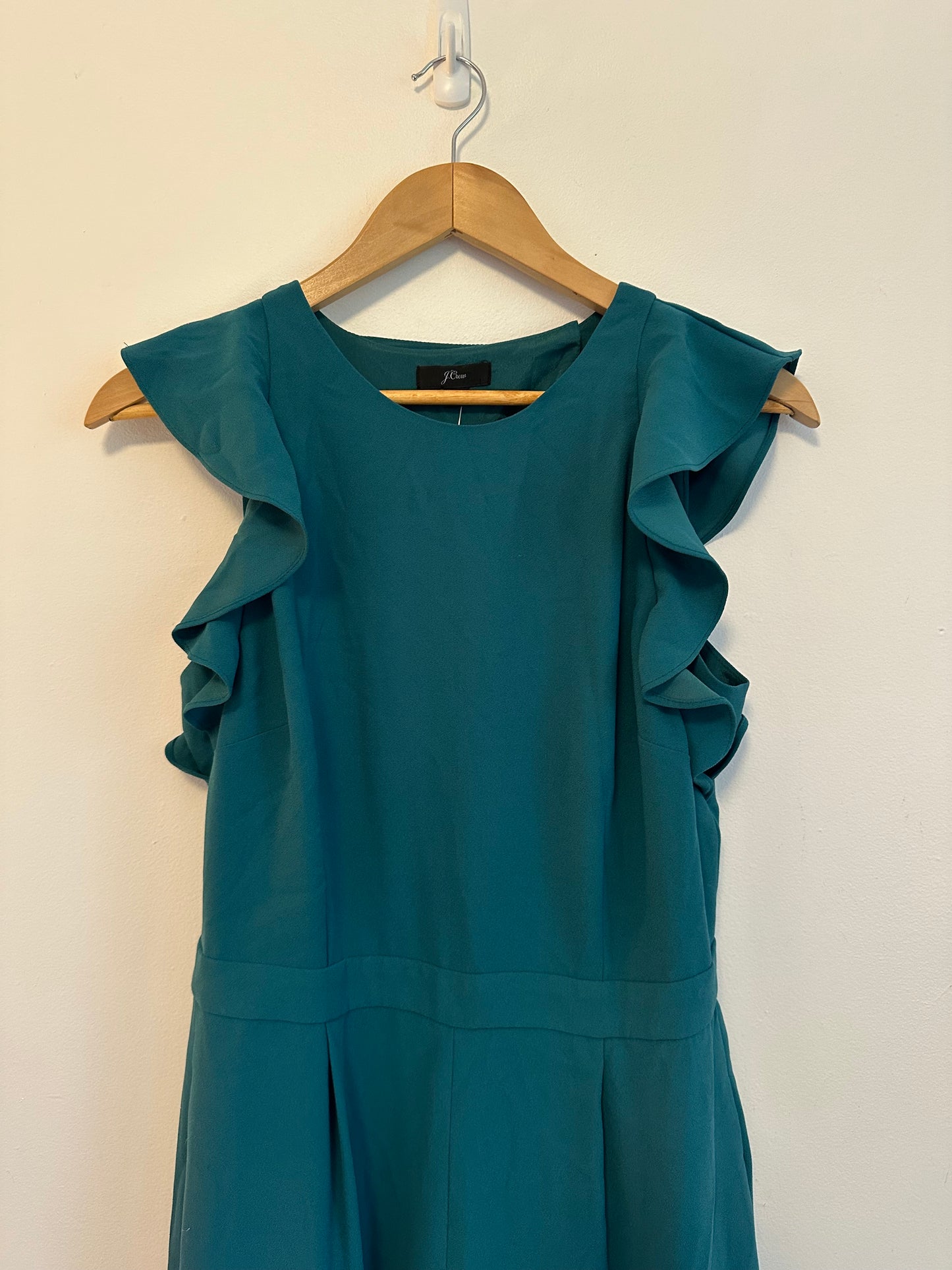 NWT J. Crew Teal Ruffle Trim Cutout Back Wide Leg Crepe Jumpsuit | Size 6