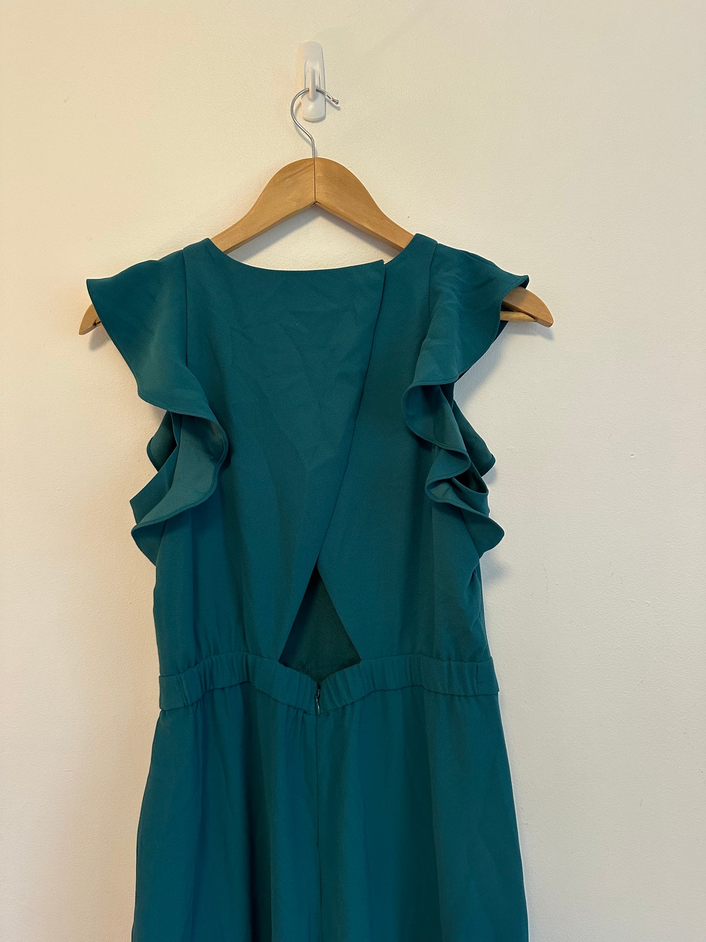 NWT J. Crew Teal Ruffle Trim Cutout Back Wide Leg Crepe Jumpsuit | Size 6