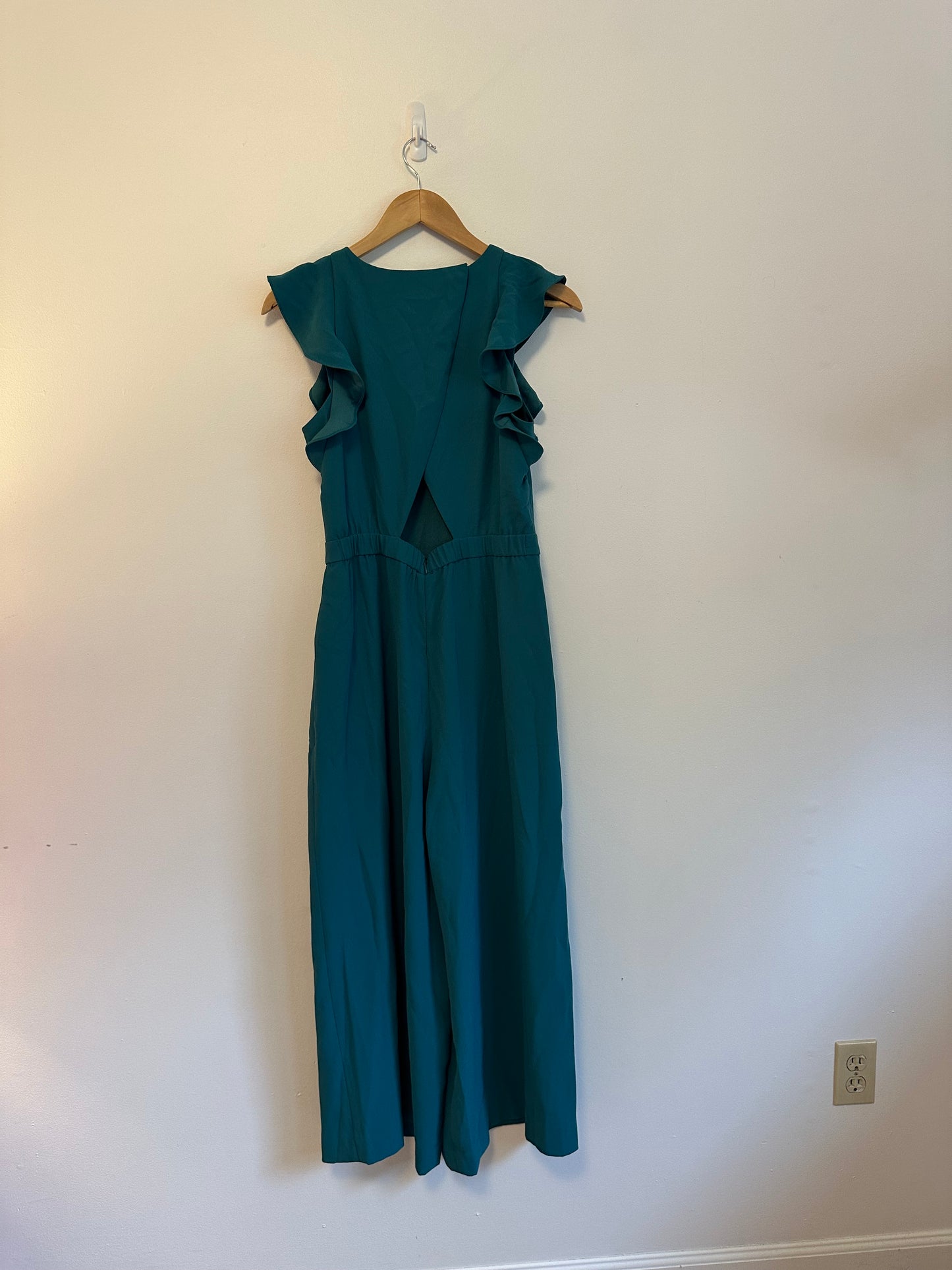 NWT J. Crew Teal Ruffle Trim Cutout Back Wide Leg Crepe Jumpsuit | Size 6