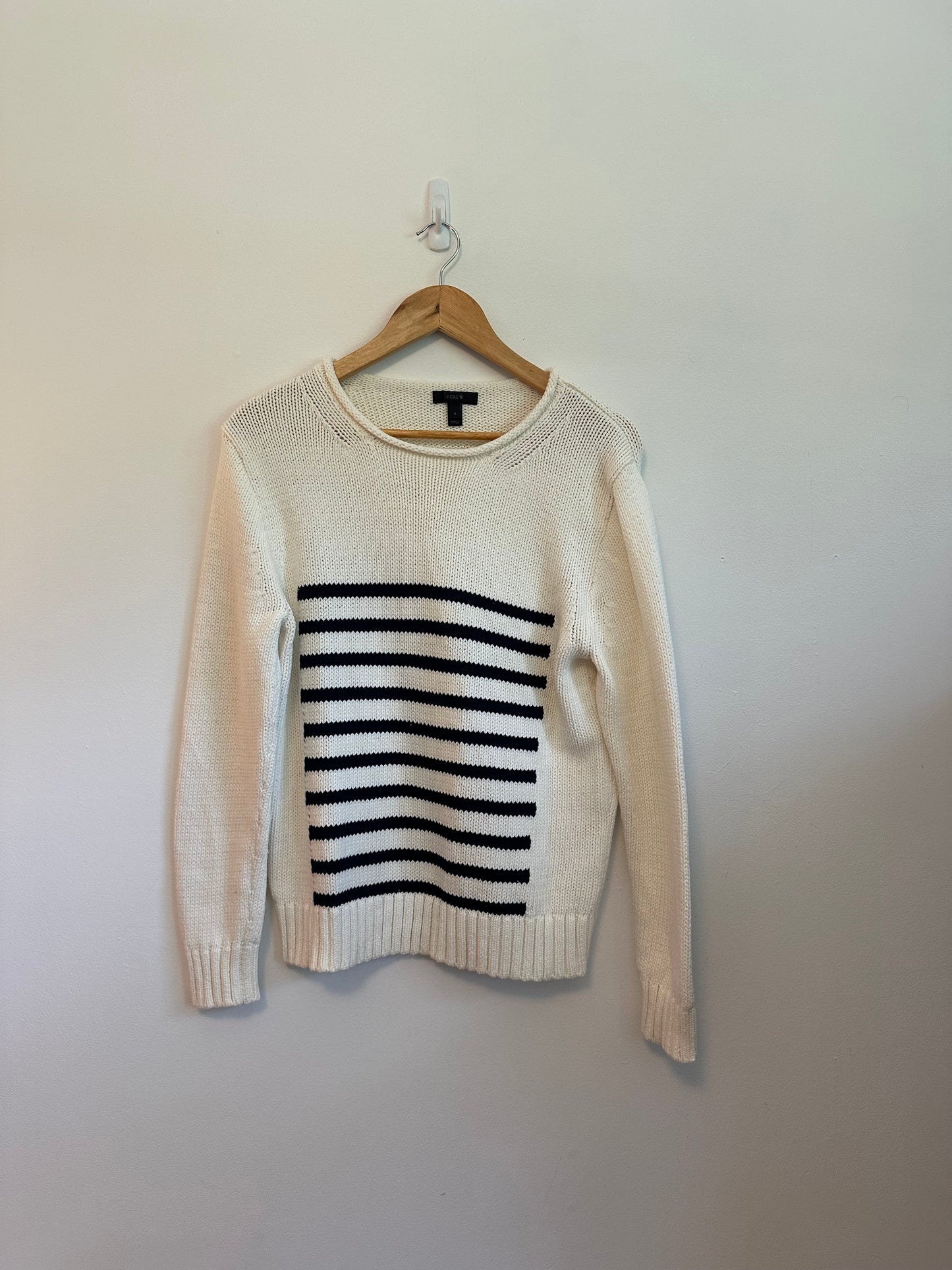 J. Crew Navy Blue Striped Cotton Blend Knit Sweater | Size Small