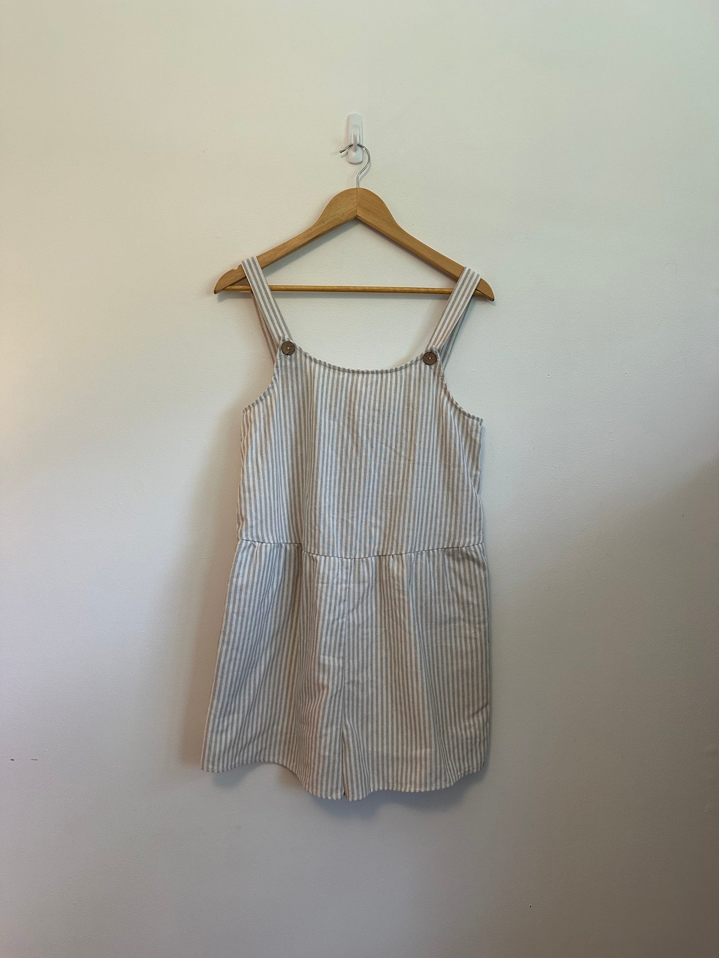 By Together Tan and White Striped Linen Blend Romper | Size Medium