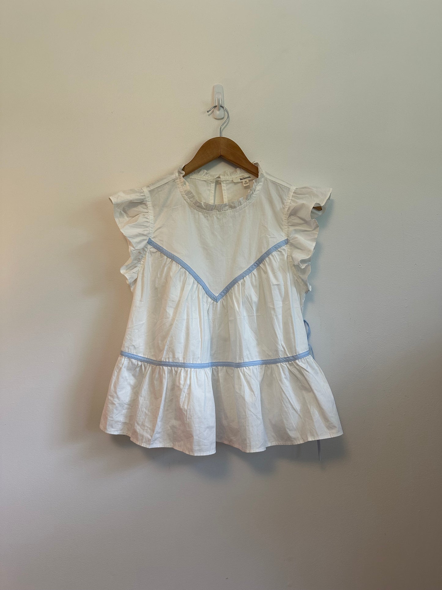 Lalavon White Cotton Flutter Sleeve Peplum Side Tie Top | Size Medium