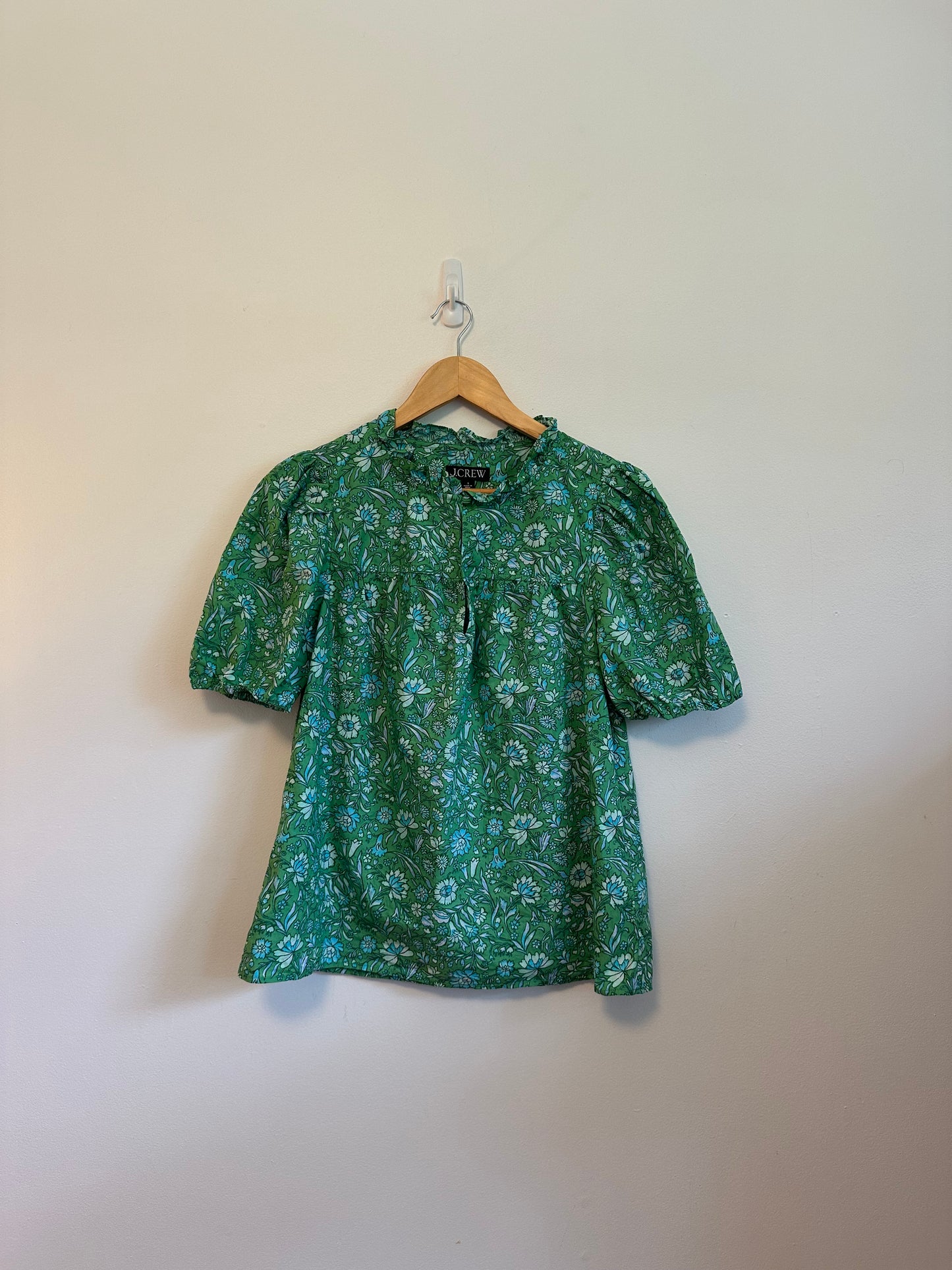 J. Crew Green Floral Ruffle Neck Puff Sleeve Cotton Blouse | Size Small