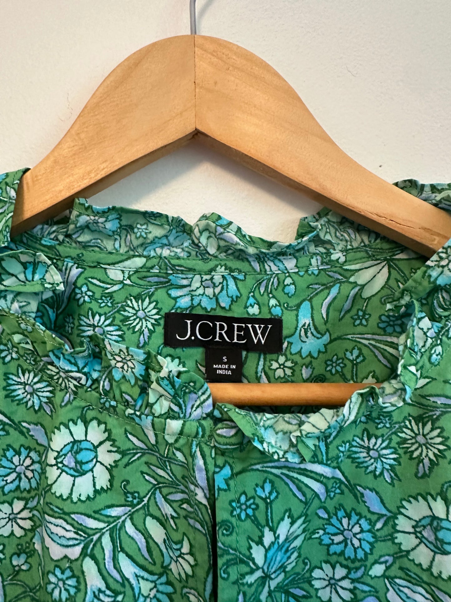 J. Crew Green Floral Ruffle Neck Puff Sleeve Cotton Blouse | Size Small