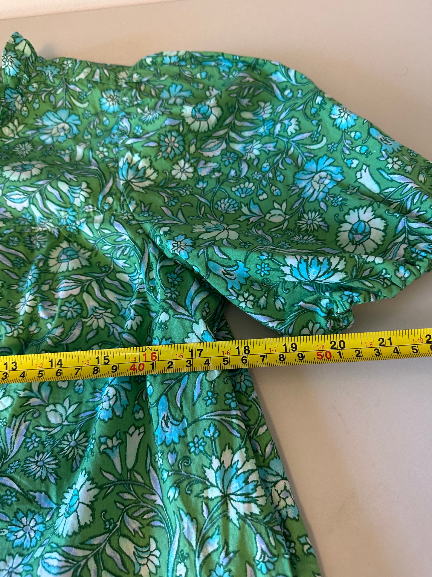 J. Crew Green Floral Ruffle Neck Puff Sleeve Cotton Blouse | Size Small
