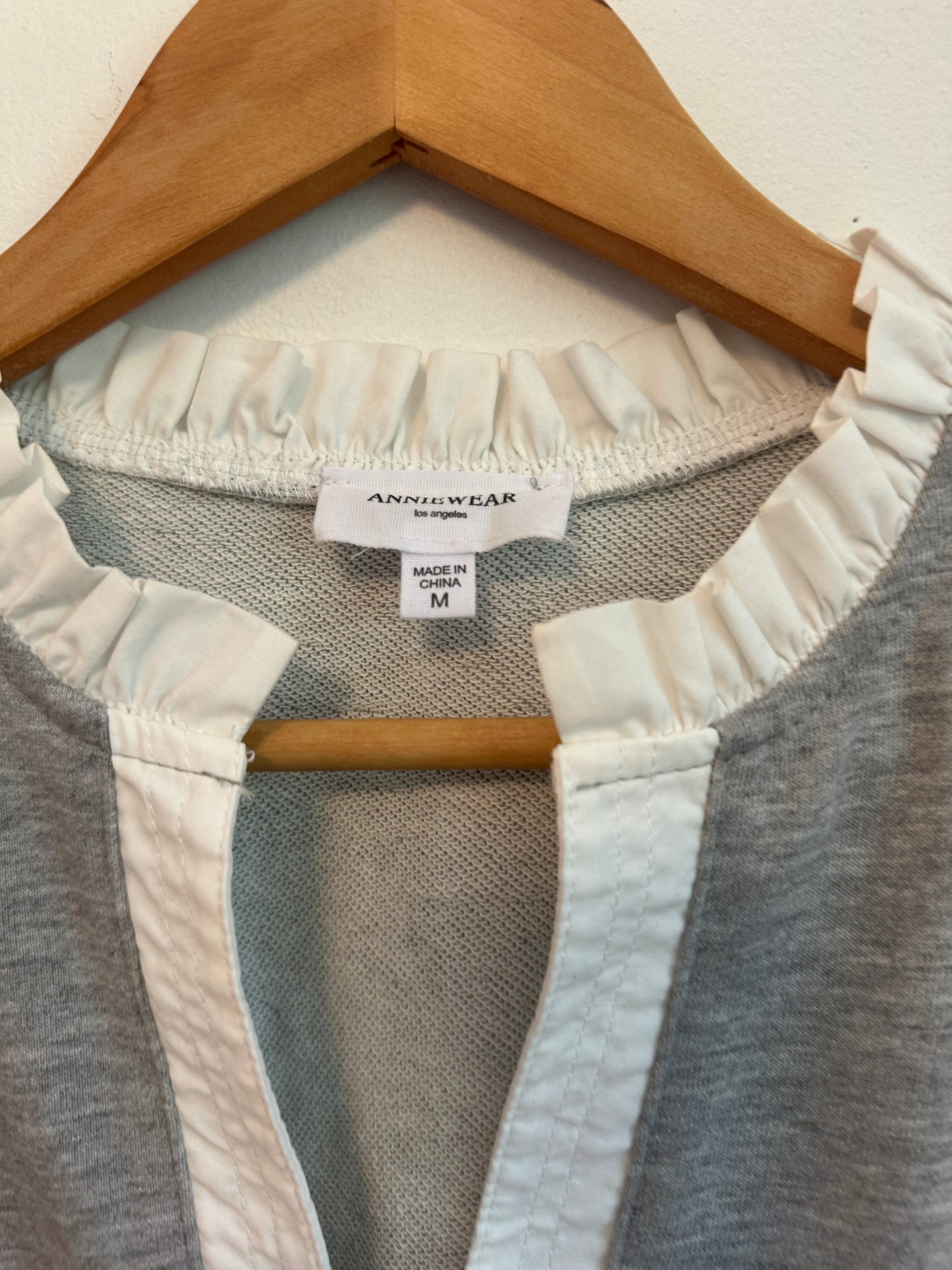 AnnieWear Grey Ruffle Sleeve Split Neck Sleeveless Top | Size Medium