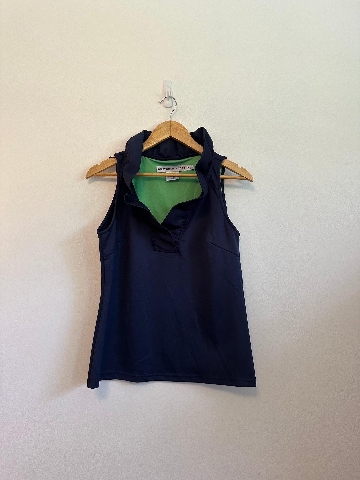 Gretchen Scott Navy Blue Ruffle Neck Sleeveless Top | Size Small
